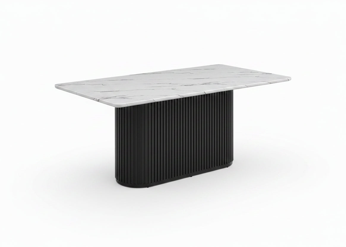 MN-971226    Dining Table, 70" Rectangular, Laminate Top, Dining Room, Kitchen, White Faux Marble, Black Laminate, Contemporary, Modern