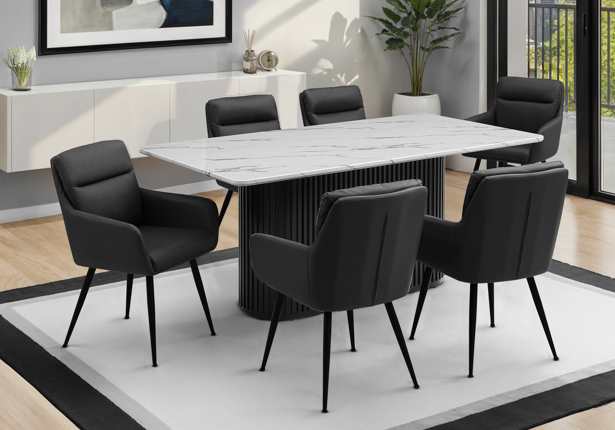 MN-971226    Dining Table, 70" Rectangular, Laminate Top, Dining Room, Kitchen, White Faux Marble, Black Laminate, Contemporary, Modern