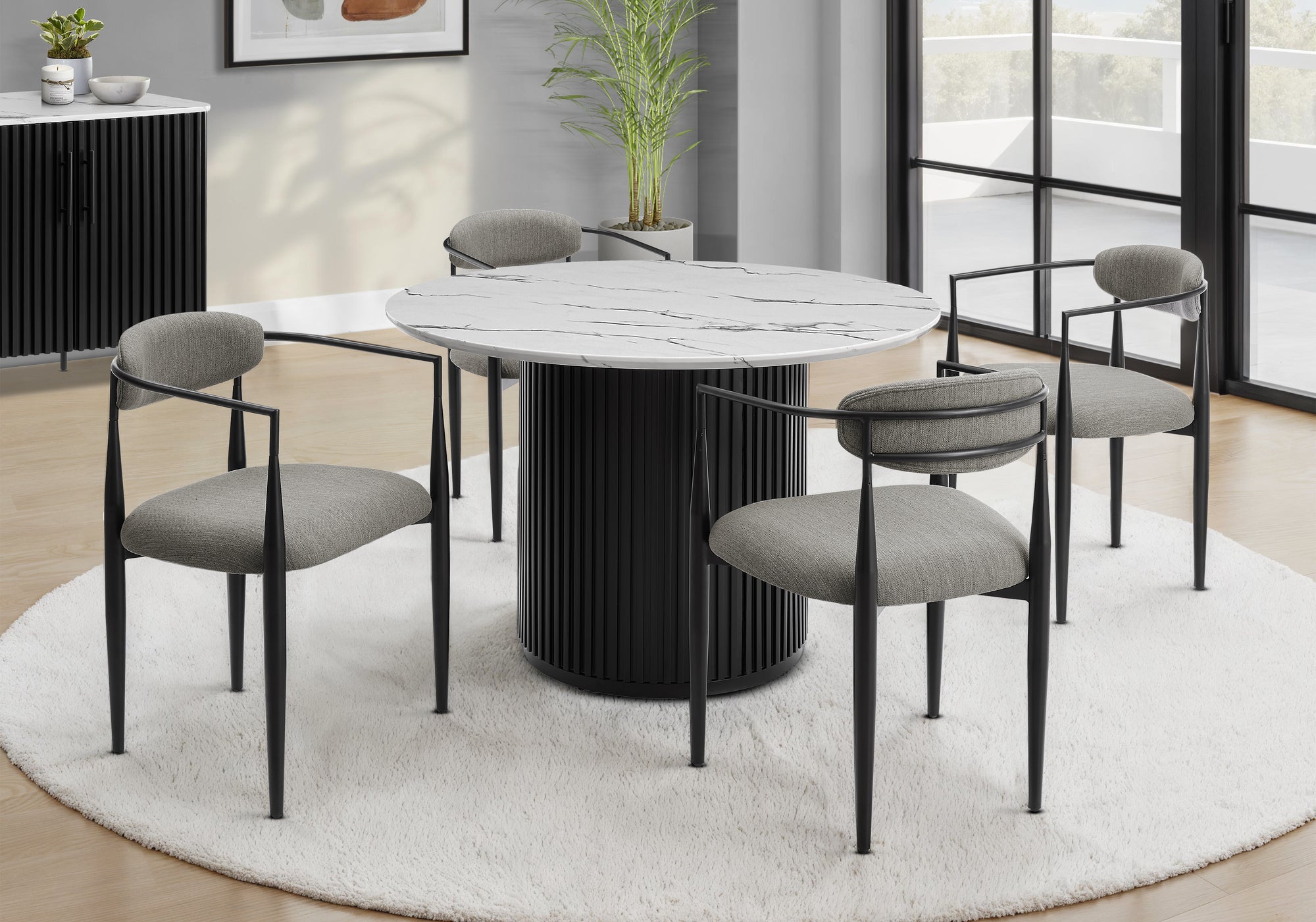 MN-981227    Dining Table, 48" Round, Laminate Top, Dining Room, Kitchen, White Faux Marble, Black Laminate, Contemporary, Modern
