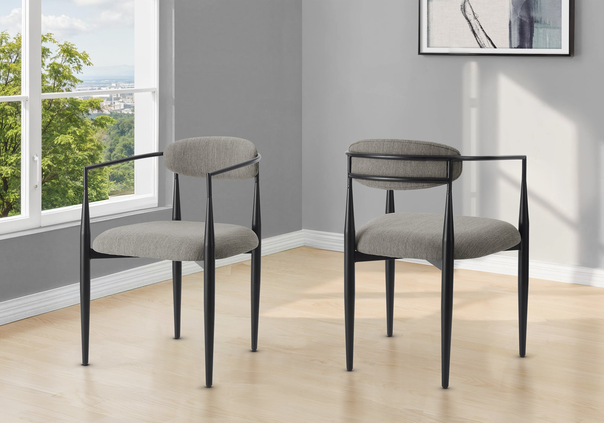 MN-991228    Dining Chair, 32" Height, Set Of 2, Upholstered, Side, Dining Room, Kitchen, Grey Fabric, Black Metal, Contemporary, Modern
