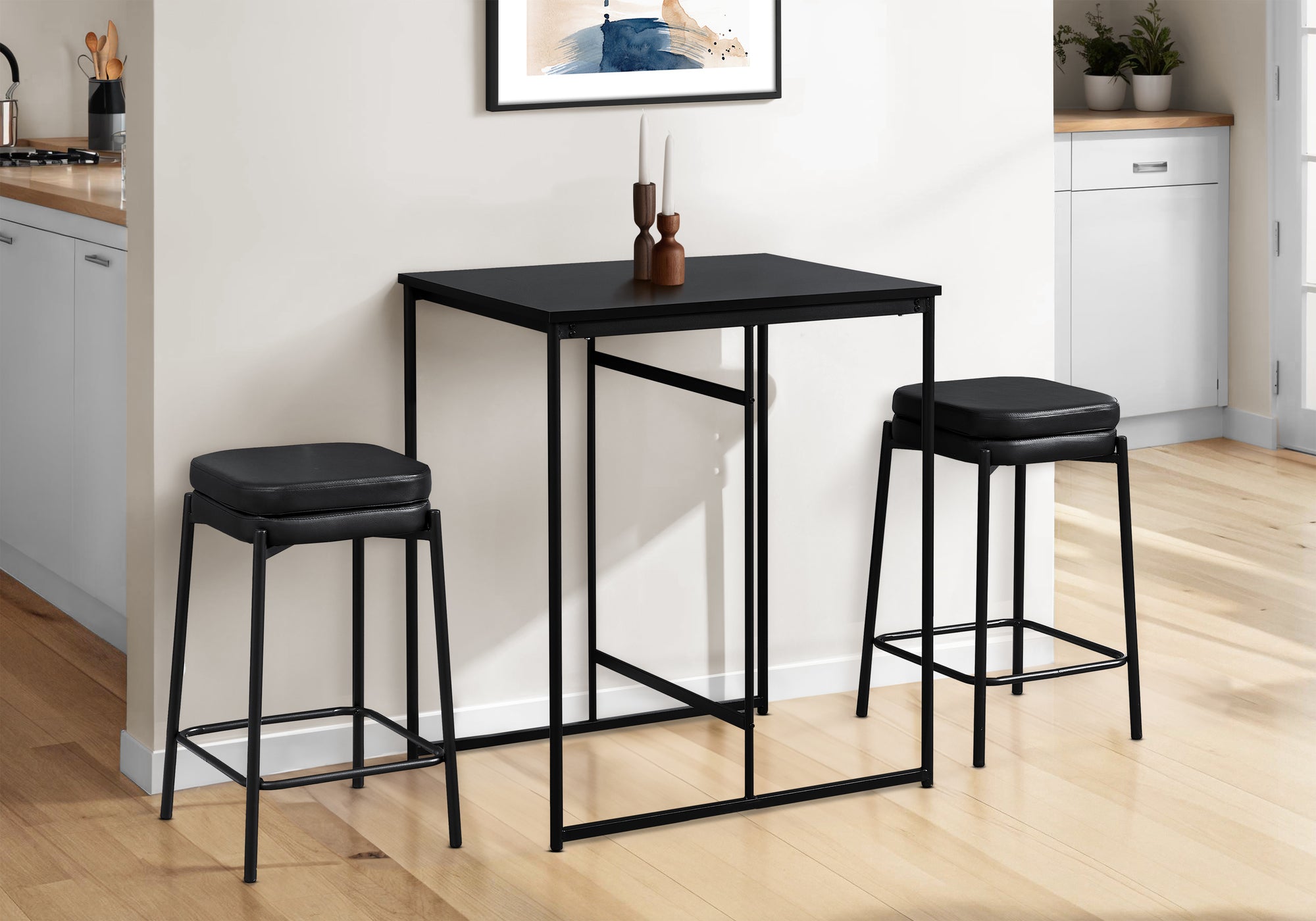 MN-U871240    Dining Table, 32" Rectangular, Counter Height, Small, Laminate Top, Kitchen, Black Laminate, Black Metal, Contemporary, Modern