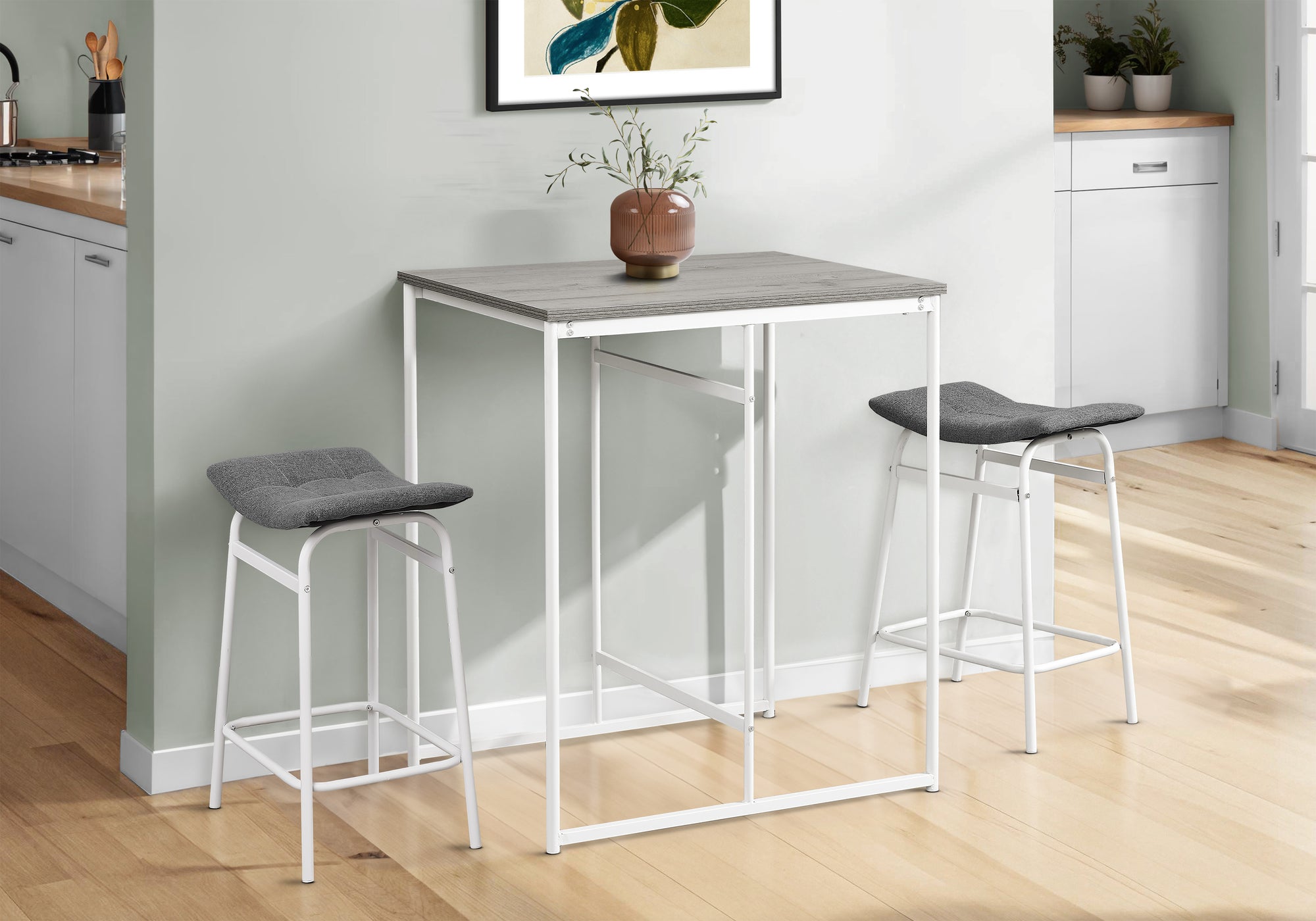 MN-U871241    Dining Table, 32" Rectangular, Counter Height, Small, Laminate Top, Kitchen, Grey Laminate, White Metal, Contemporary, Modern