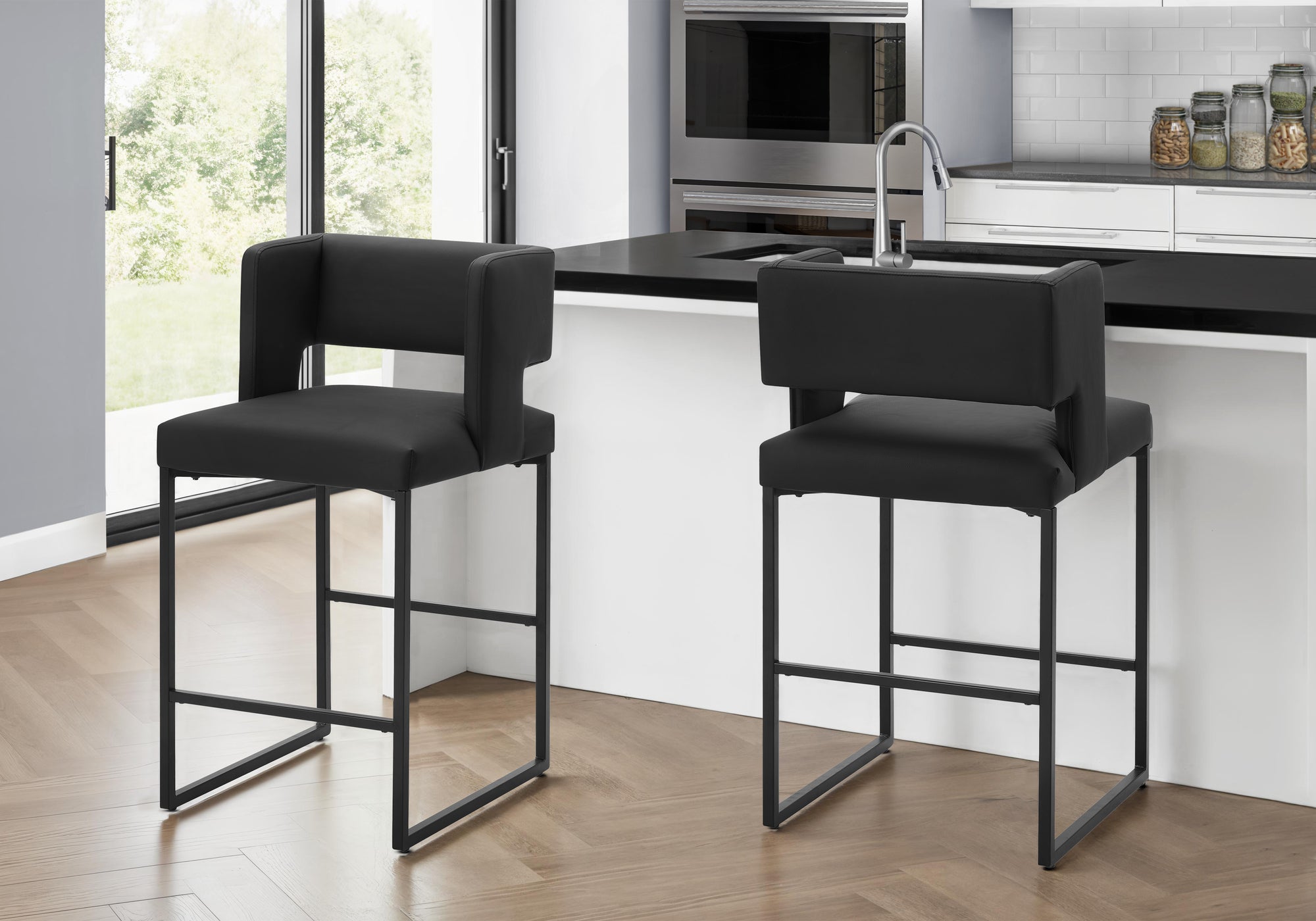 MN-E16141248    Barstool, Counter Height, Set Of 2, Kitchen, Black Leather Look, Black Metal, Contemporary, Modern