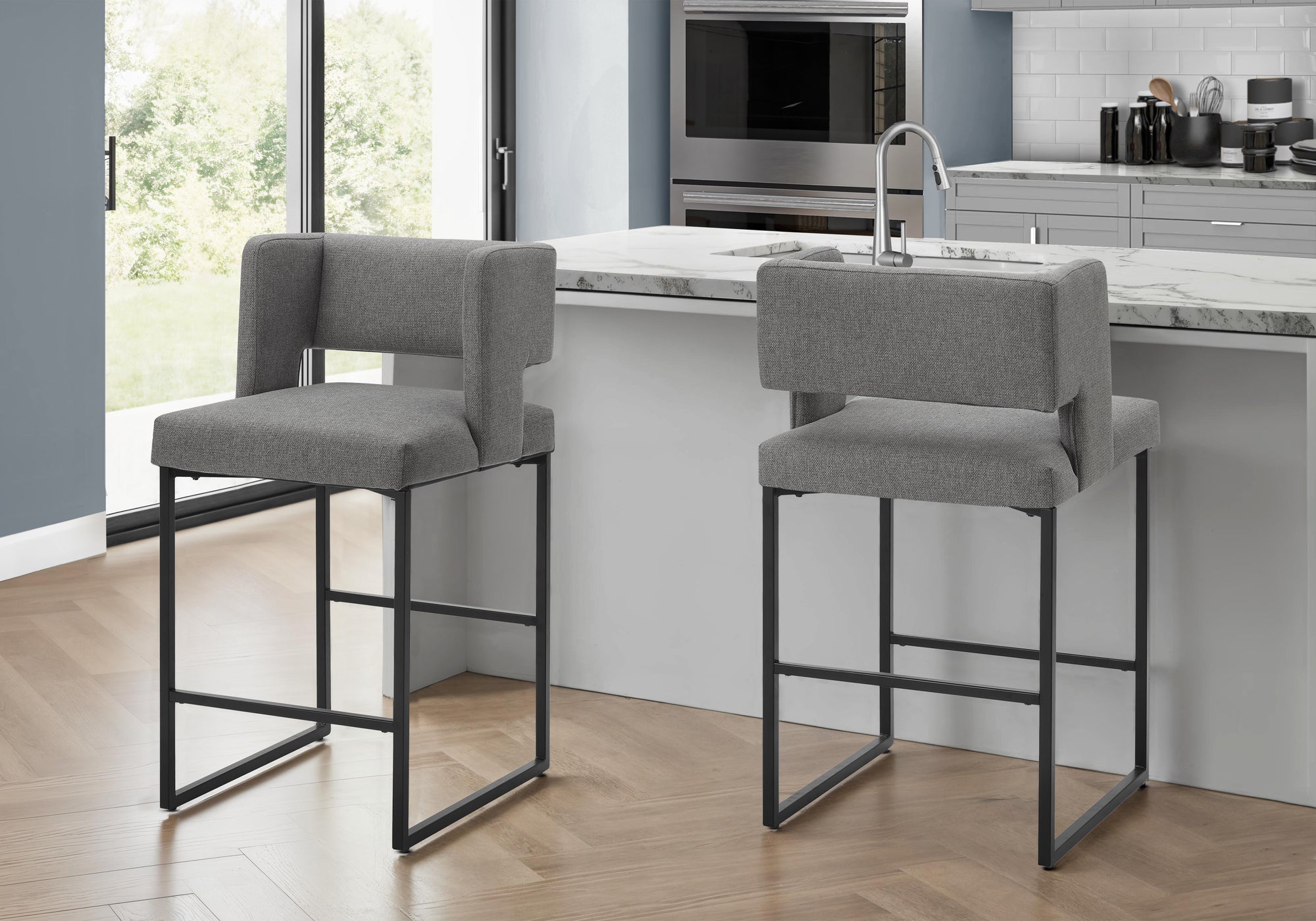 MN-151249    Barstool, Counter Height, Set Of 2, Kitchen, Grey Fabric, Black Metal, Contemporary, Modern