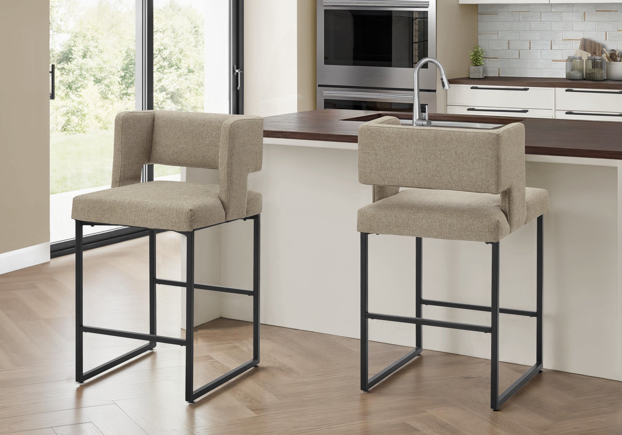 MN-161250    Barstool, Counter Height, Set Of 2, Kitchen, Brown Fabric, Black Metal, Contemporary, Modern
