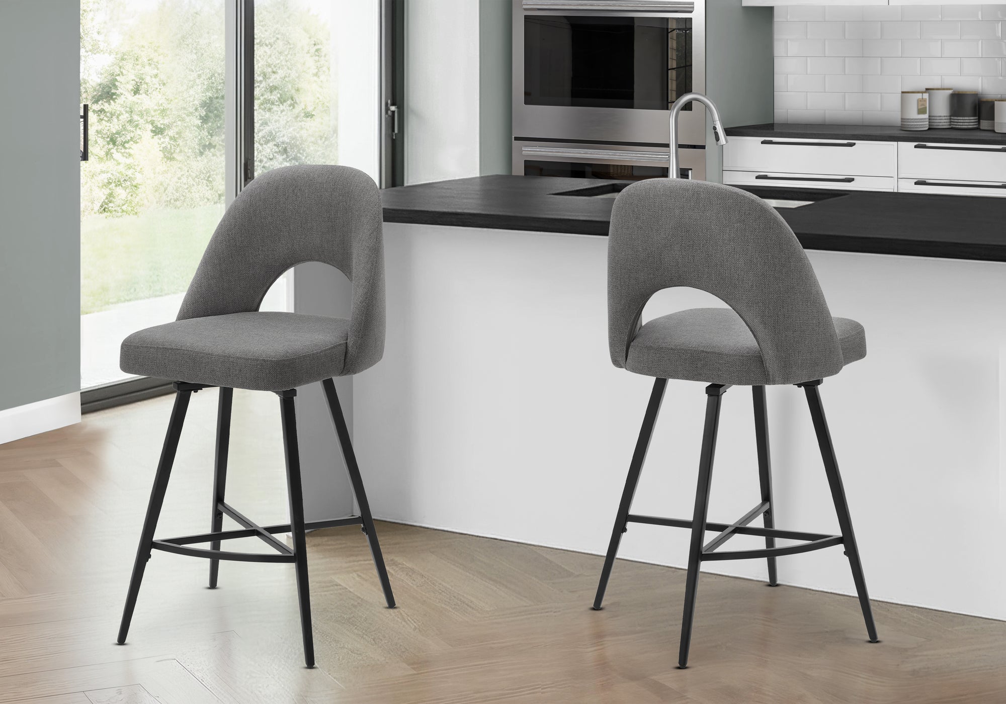 MN-D231253    Barstool, 39" Height, Set Of 2, Counter Height, Swivel, Kitchen, Grey Fabric, Black Metal, Contemporary, Modern