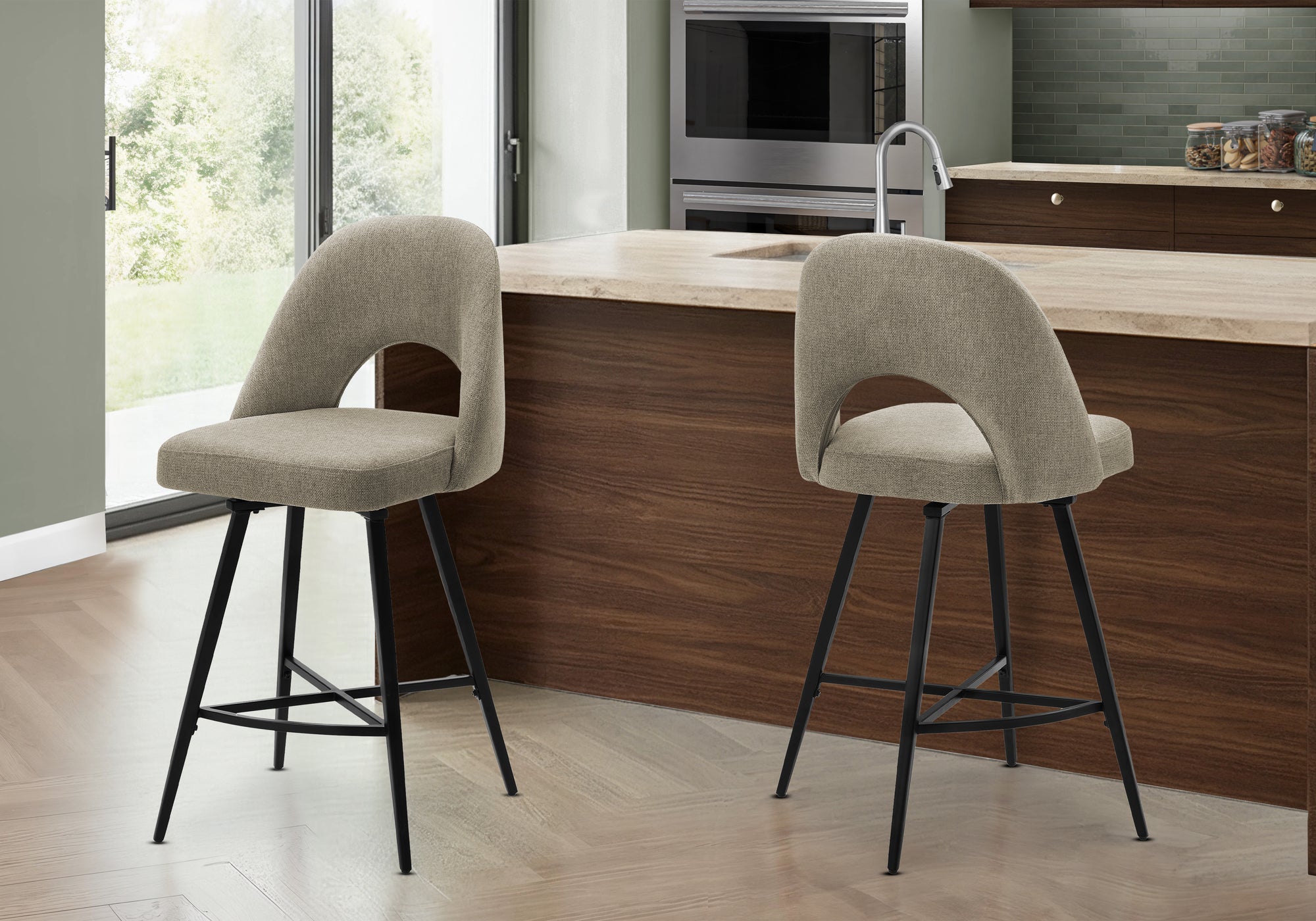 MN-D231254    Barstool, 39" Height, Set Of 2, Counter Height, Swivel, Kitchen, Beige Fabric, Black Metal, Contemporary, Modern