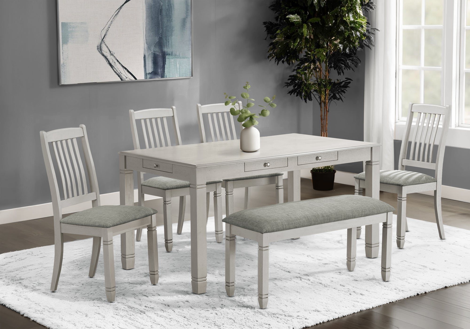 MN-201255    Dining Table, 60" Rectangular, Storage Drawers, Veneer Top, Kitchen, Dining Room, Antique Grey Veneer, Transitional