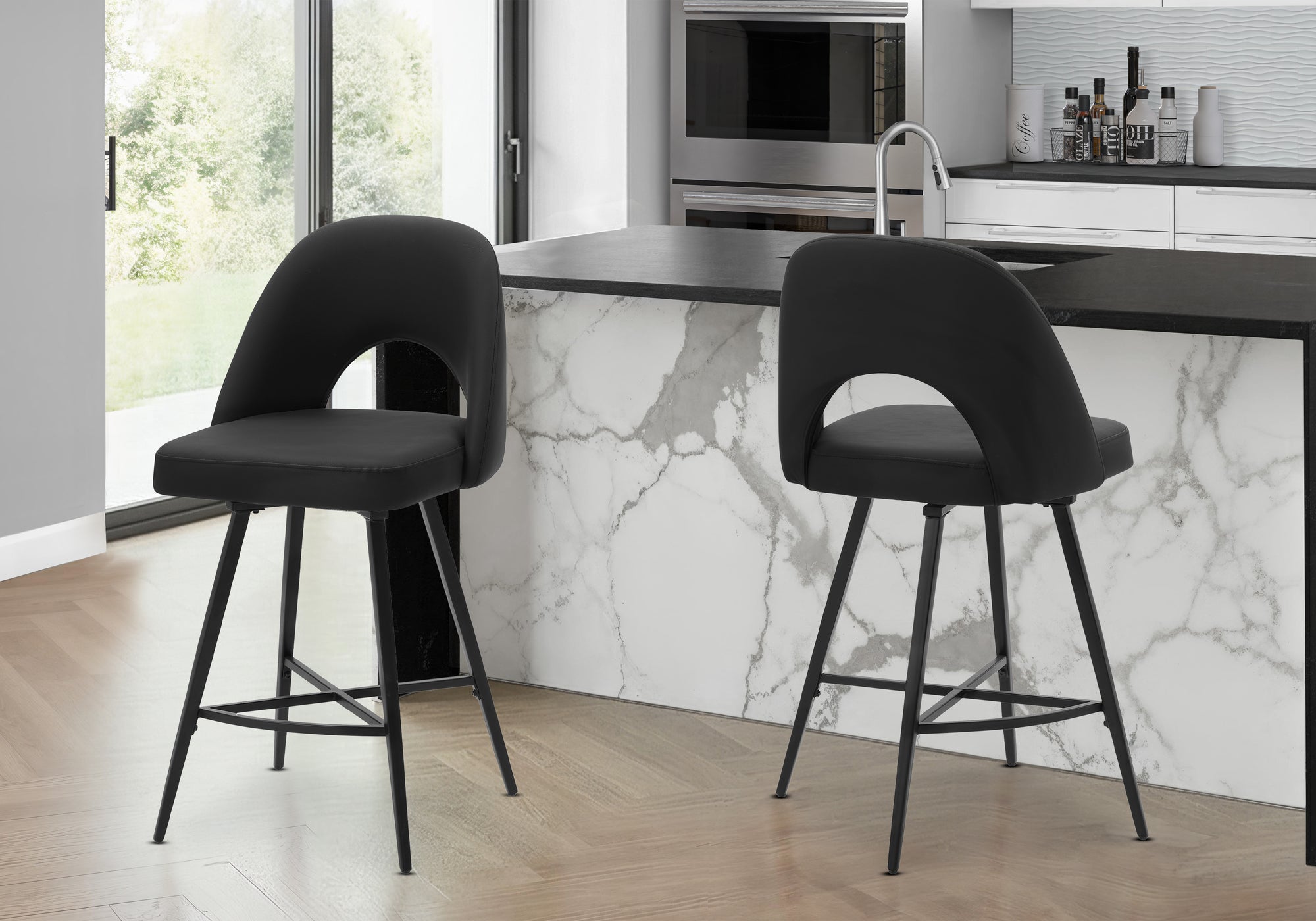 MN-231258    Barstool, 39" Height, Set Of 2, Counter Height, Swivel, Kitchen, Black Leather Look, Black Metal, Contemporary, Modern
