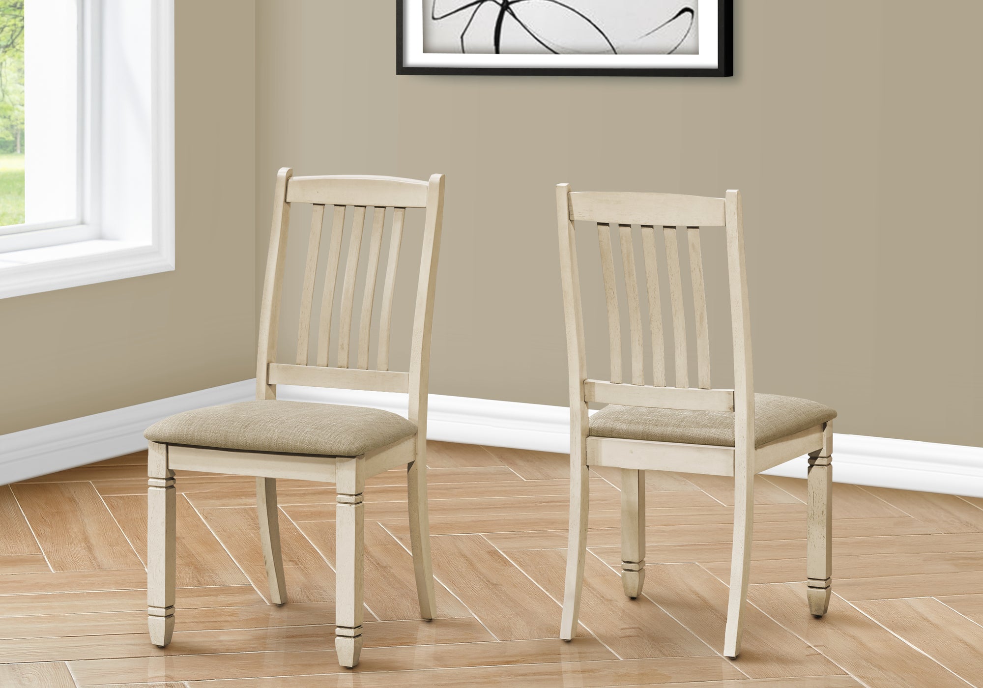 MN-U931265    Dining Chair, 38" Height, Set Of 2, Side, Upholstered, Kitchen, Dining Room, Antique White, Beige Linen Look, Transitional