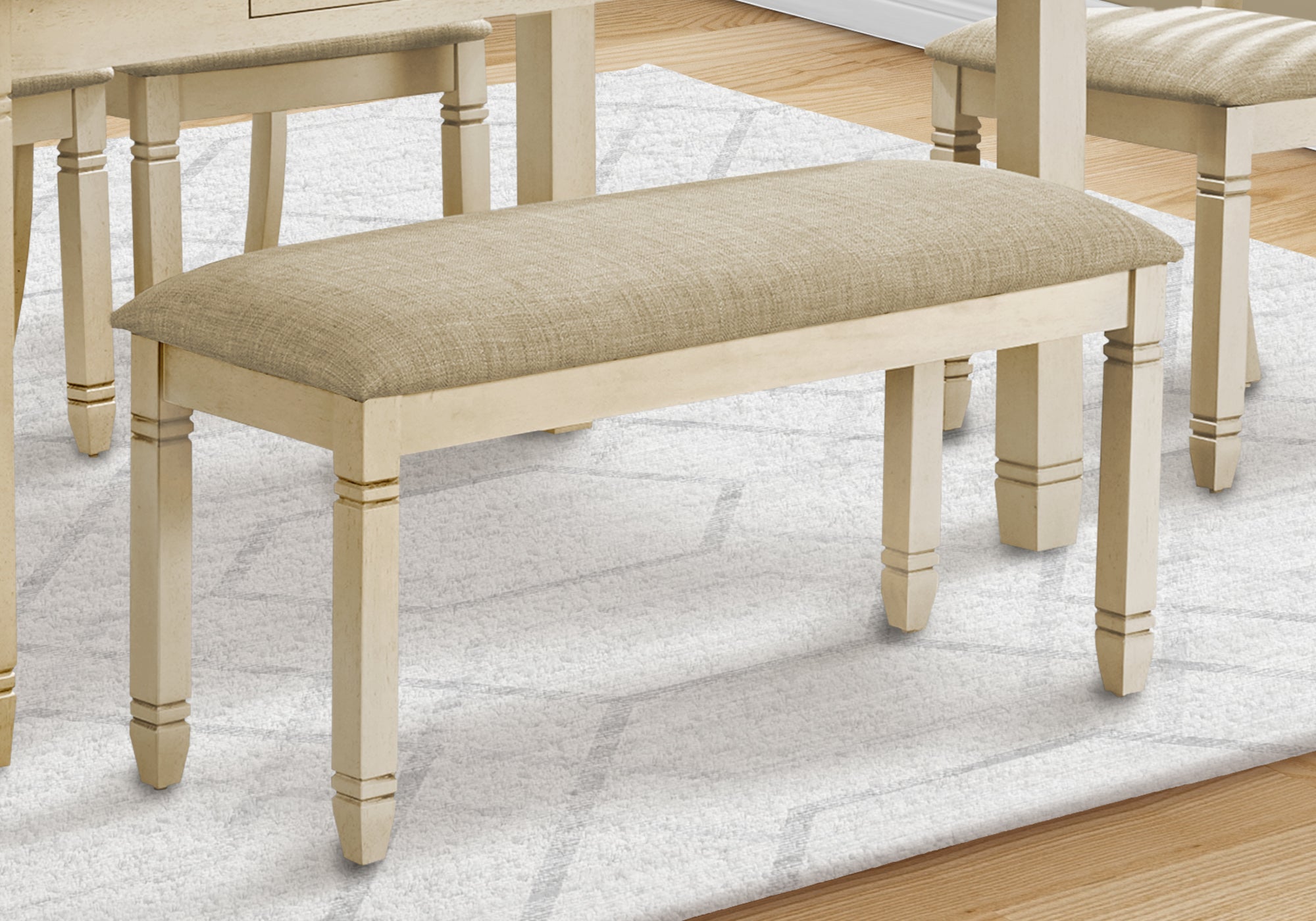 MN-U941266    Bench, 41" Rectangular, Kitchen, Dining Room, Entryway, Bedroom, Upholstered, Wood, Antique White Solid Wood, Beige Linen-look Fabric, Transitional