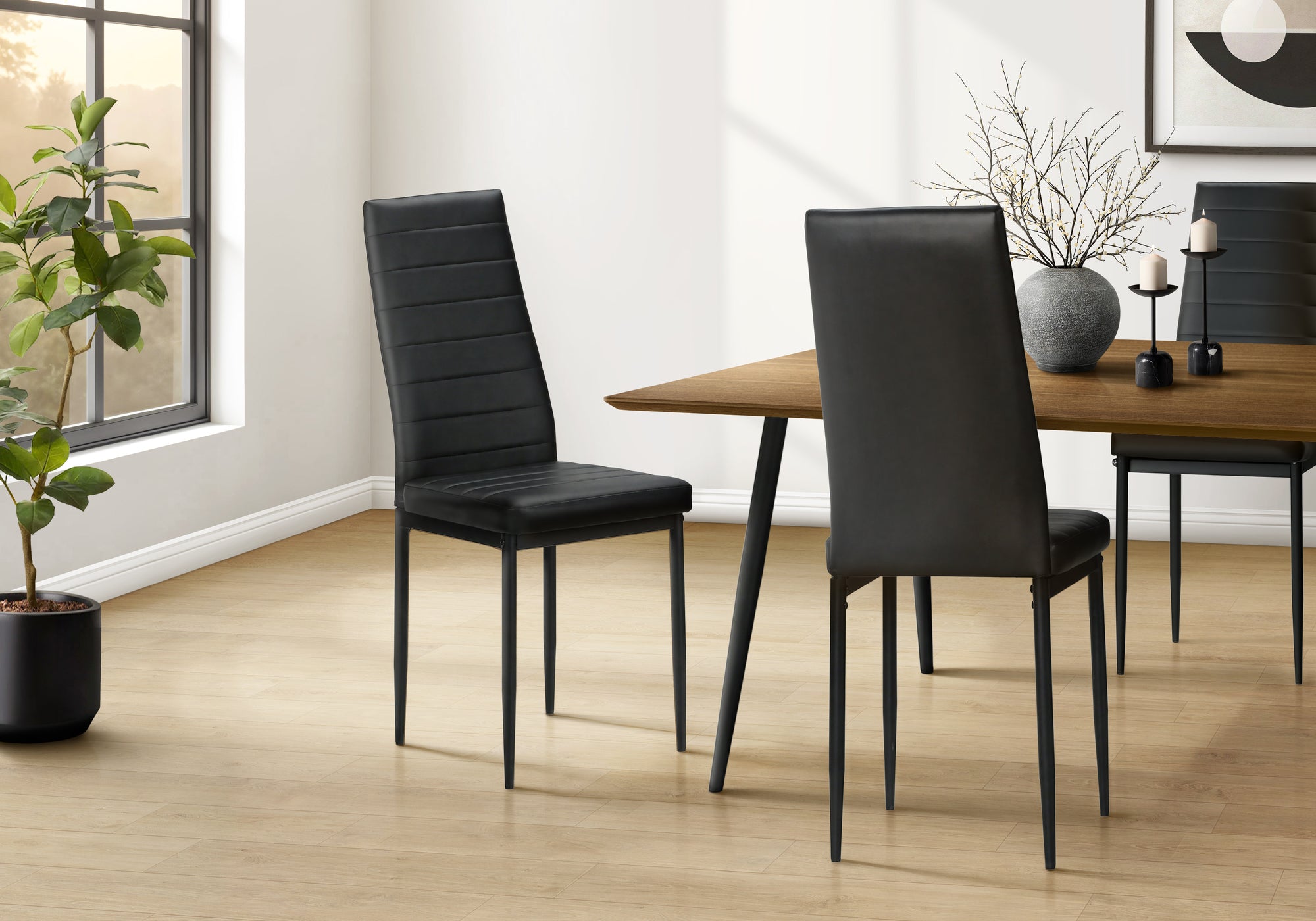 MN-T921270    Dining Chair, 39" Height, Set Of 2, Side, Upholstered, Dining Room, Kitchen, Black Leather Look, Black Metal, Contemporary