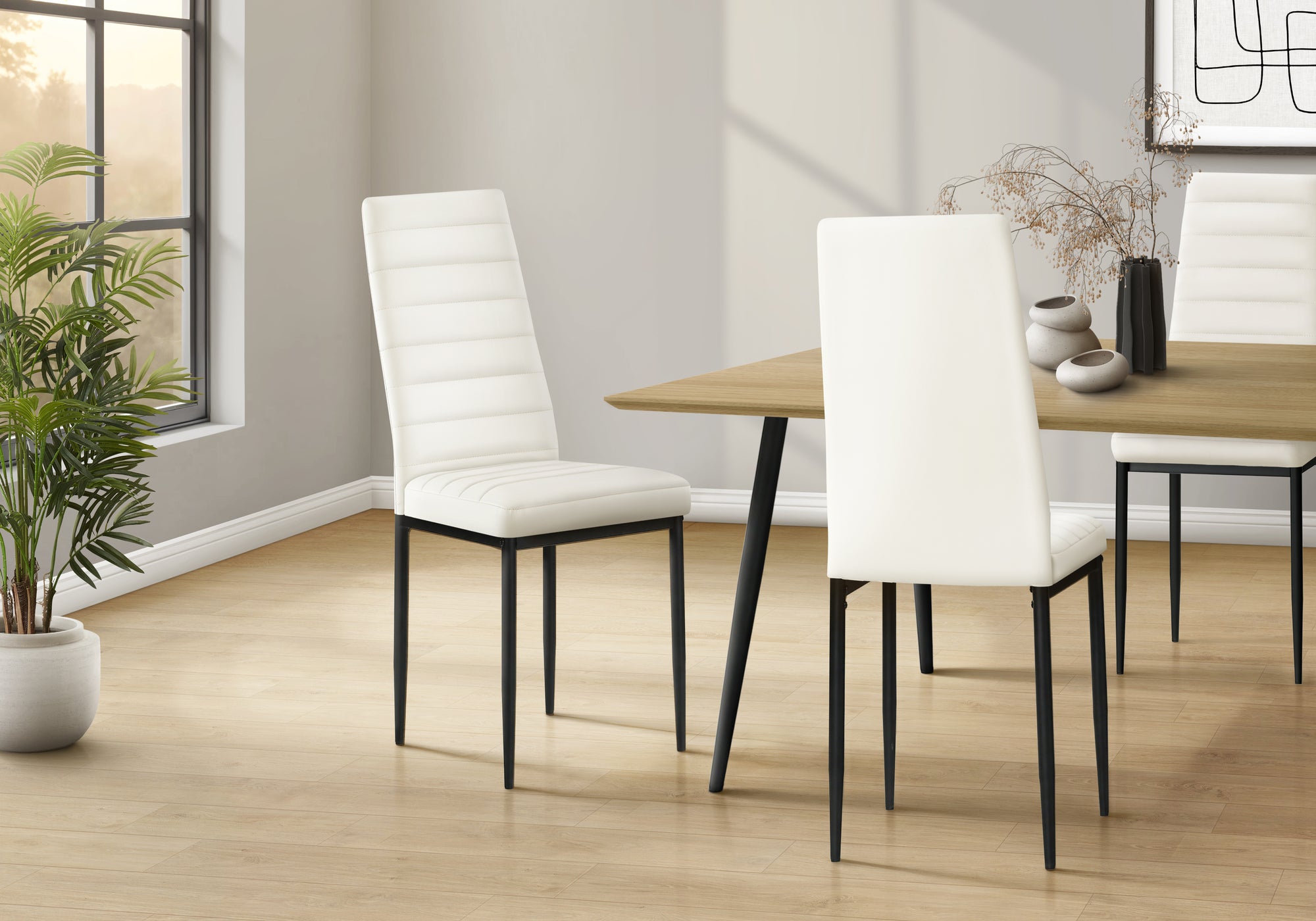 MN-T921271    Dining Chair, 39" Height, Set Of 2, Side, Upholstered, Dining Room, Kitchen, White Leather Look, Black Metal, Contemporary