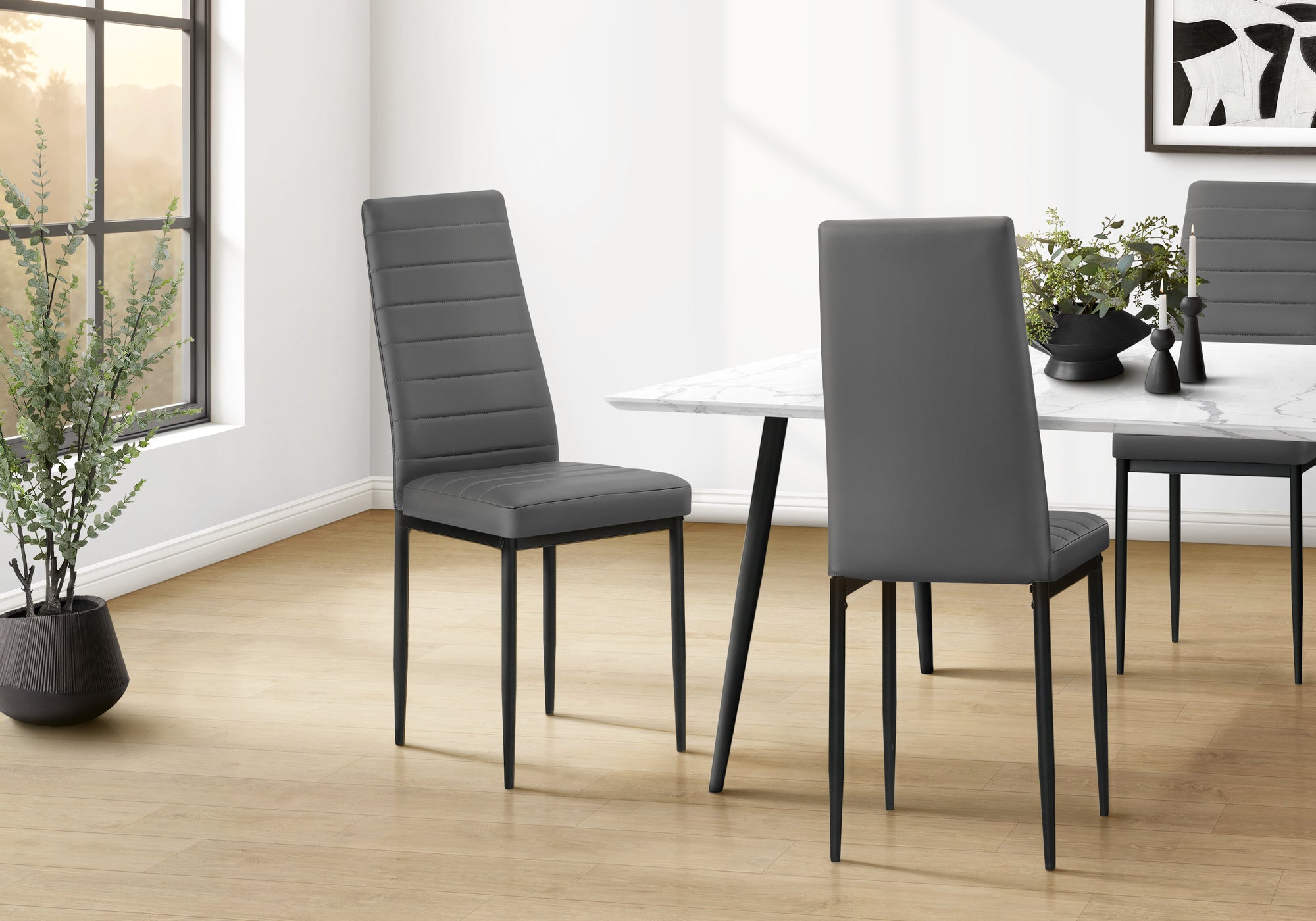 MN-T921272    Dining Chair, 39" Height, Set Of 2, Side, Upholstered, Dining Room, Kitchen, Grey Leather Look, Black Metal, Contemporary