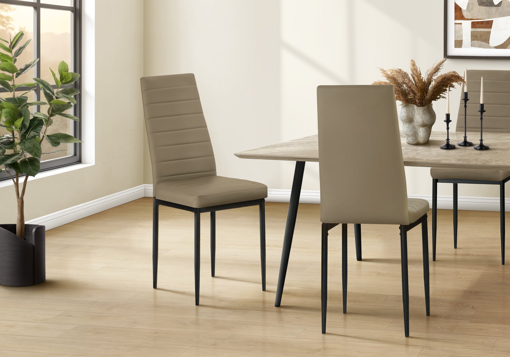 MN-T921273    Dining Chair, 39" Height, Set Of 2, Side, Upholstered, Dining Room, Kitchen, Dark Taupe Leather-look, Black Metal, Contemporary
