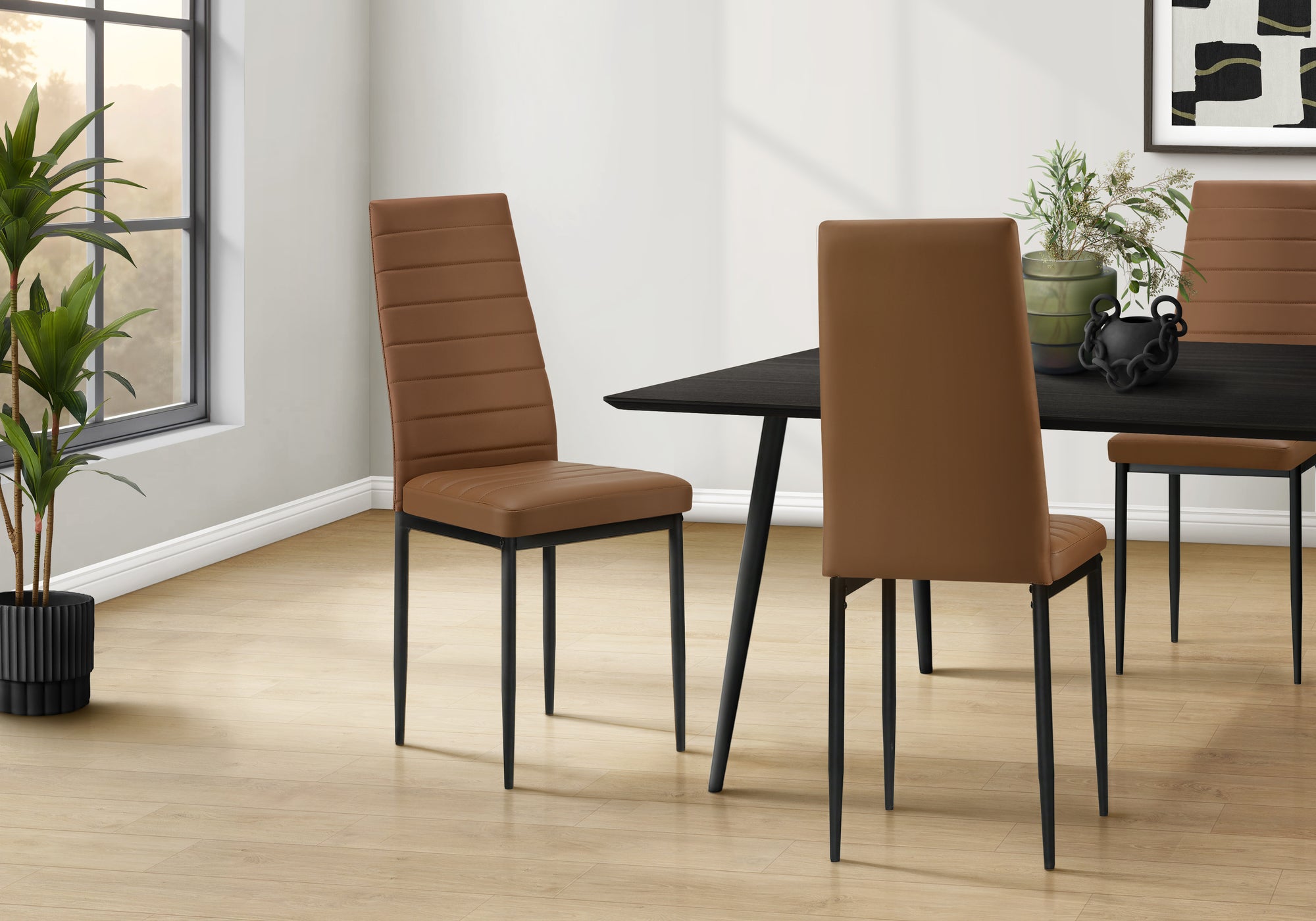 MN-T921275    Dining Chair, 39" Height, Set Of 2, Side, Upholstered, Dining Room, Kitchen, Cognac Leather-look, Black Metal, Contemporary
