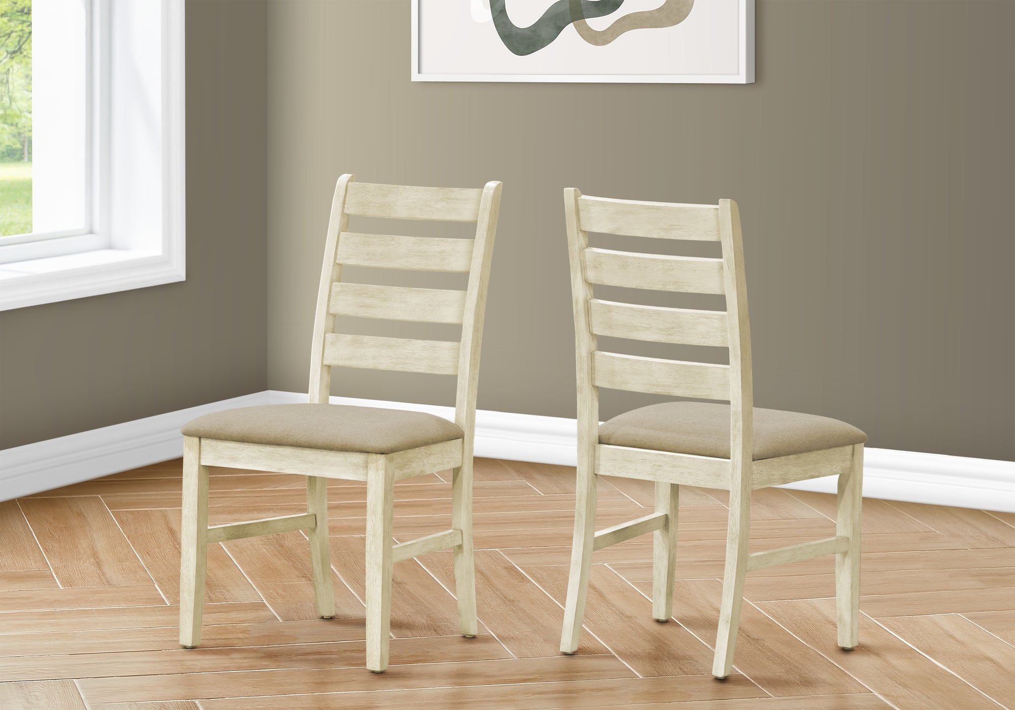 MN-U281336    Dining Chair, 38" Height, Dining Room, Kitchen, Set Of 2, Side, Upholstered, Antique White, Beige Linen Look, Transitional