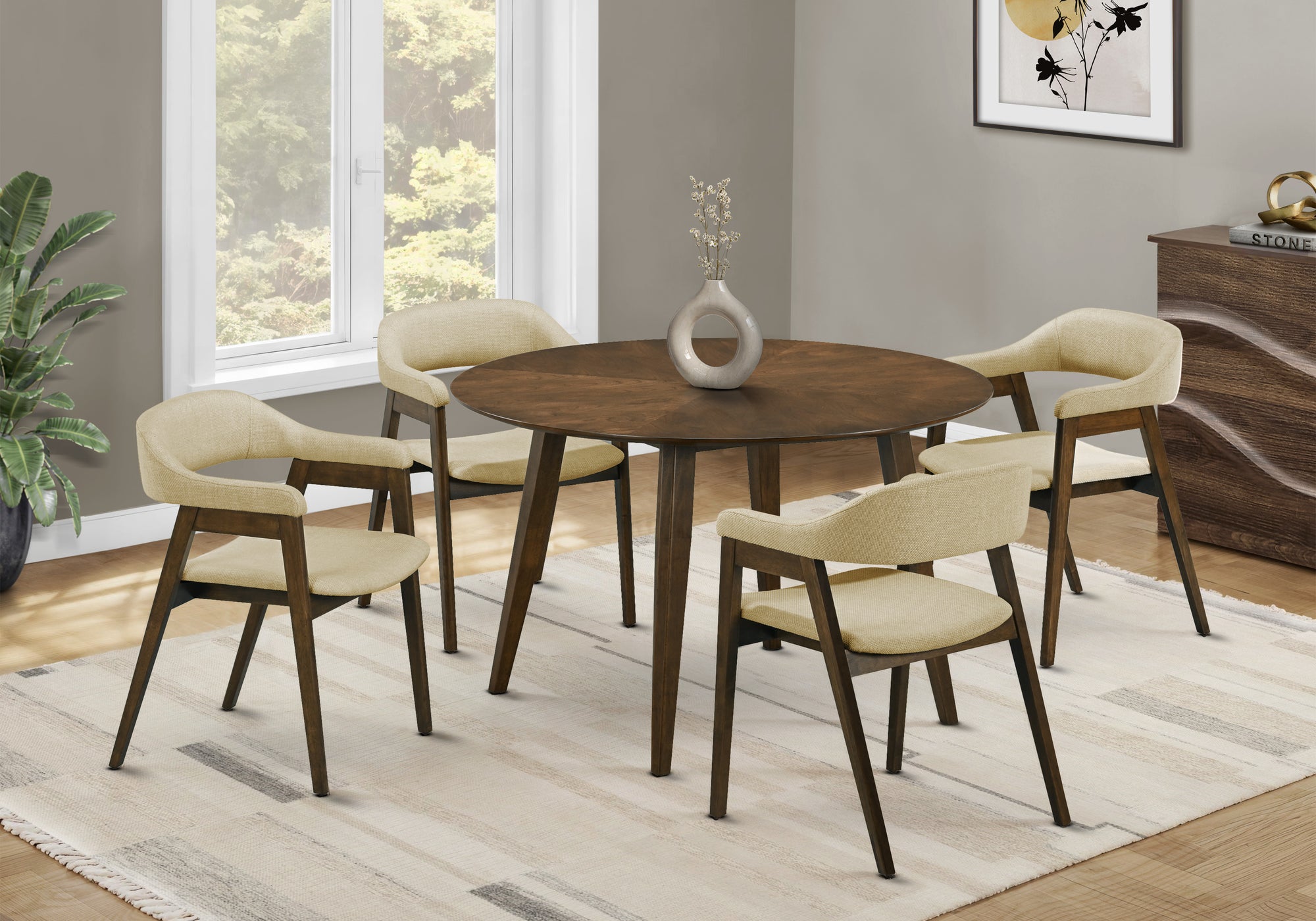 MN-491363    Dining Table, 48" Round, Veneer Top, Kitchen, Dining Room, Dark Walnut Veneer, Mid Century