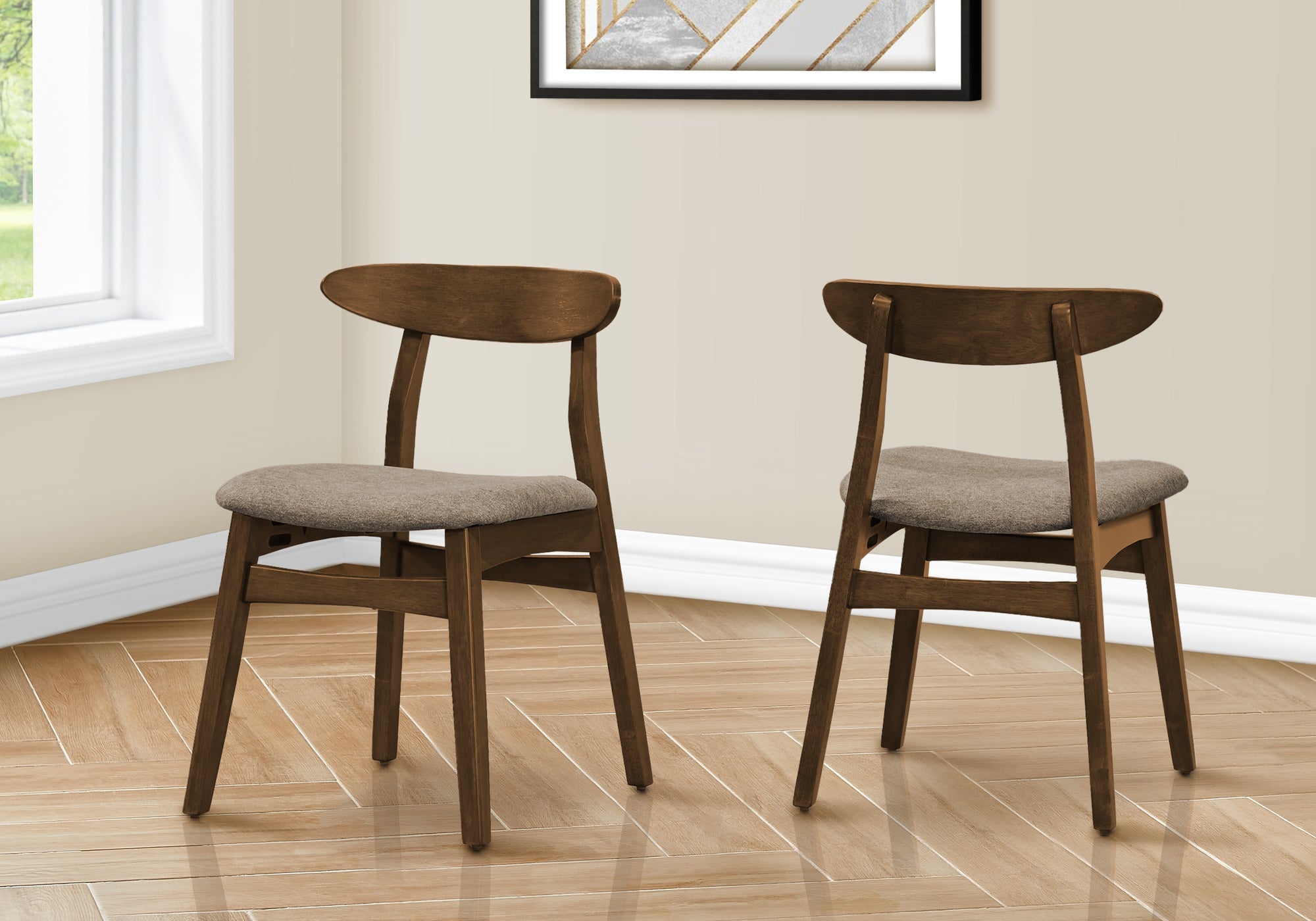 MN-X551365    Dining Chair, 32" Height, Set Of 2, Side, Upholstered, Kitchen, Dining Room, Dark Walnut, Beige Fabric, Modern