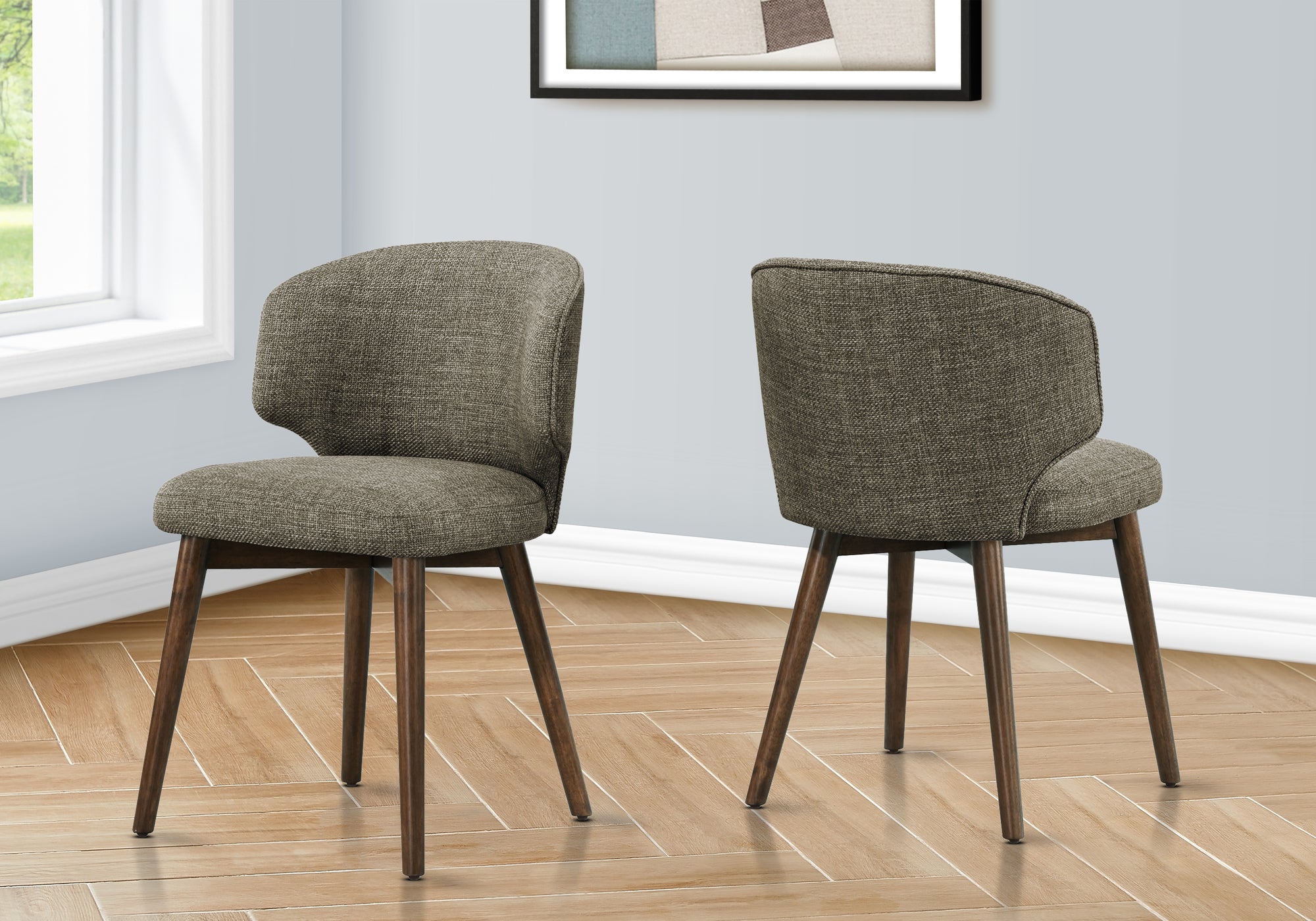 MN-521366    Dining Chair, 32" Height, Set Of 2, Side, Upholstered, Dining Room, Kitchen, Dark Walnut, Brown Fabric, Mid Century, Modern