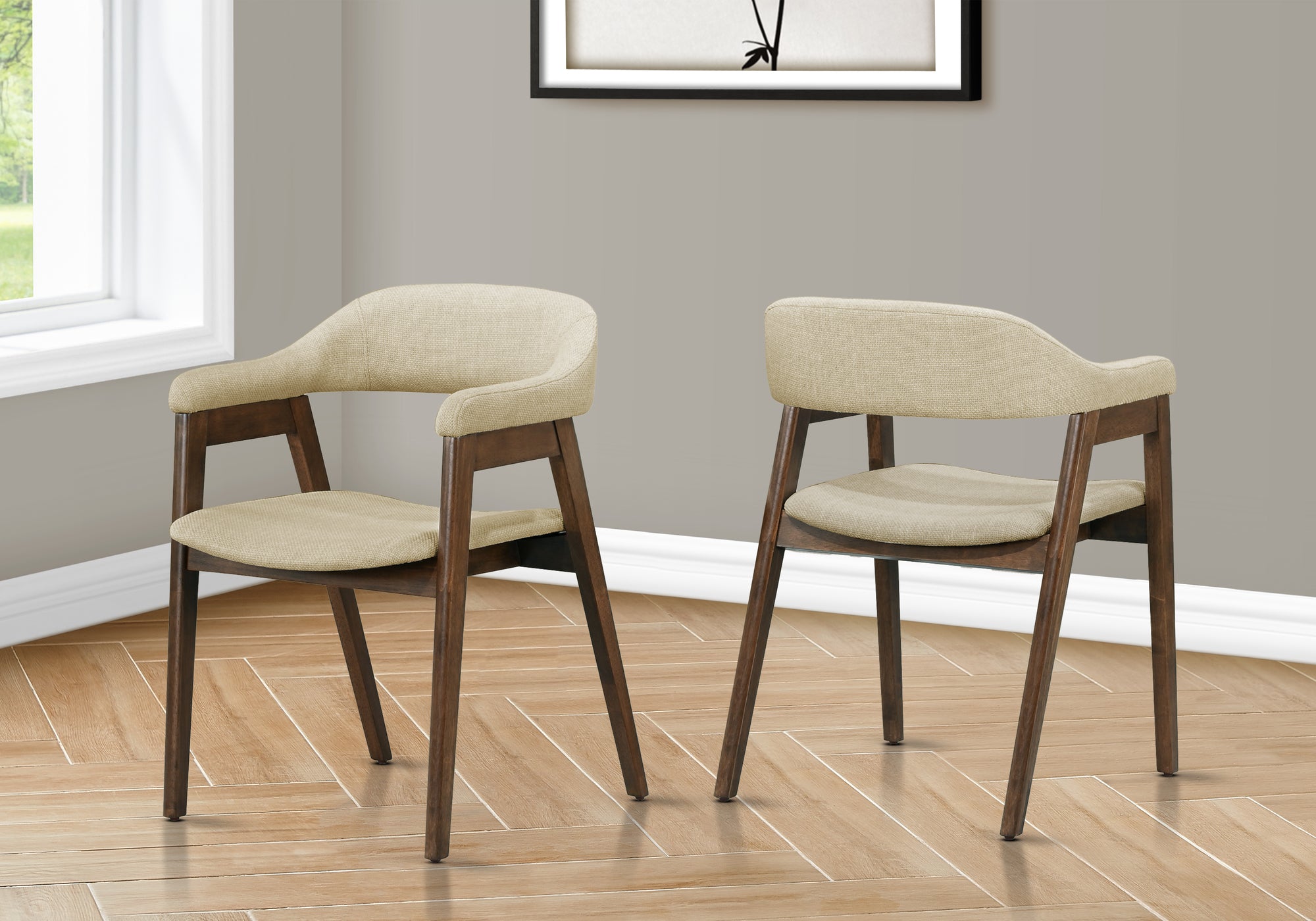 MN-531367    Dining Chair, 32" Height, Set Of 2, Side, Upholstered, Dining Room, Kitchen, Dark Walnut, Sand Fabric, Mid Century, Modern