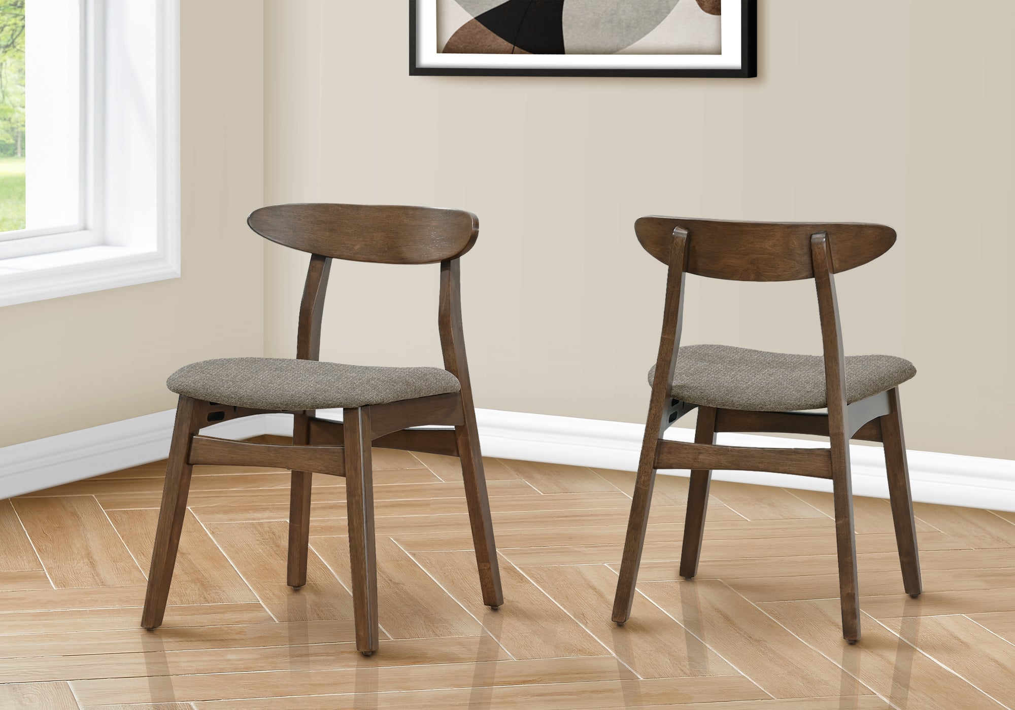 MN-541368    Dining Chair, 30" Height, Set Of 2, Side, Upholstered, Kitchen, Dining Room, Dark Walnut, Brown Fabric, Mid Century, Modern