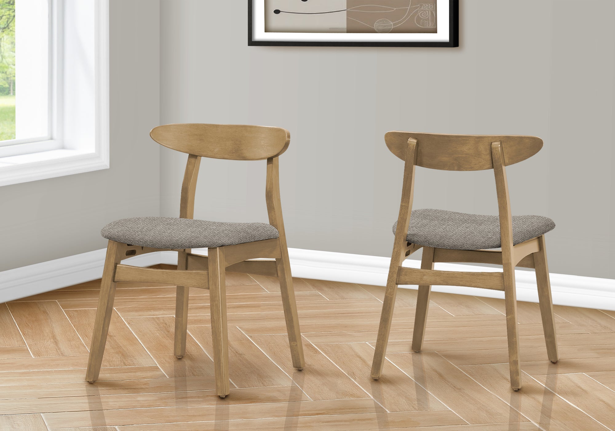 MN-831385    Dining Chair, 30" Height, Set Of 2, Side, Upholstered, Kitchen, Dining Room, Light Walnut, Brown Fabric, Mid Century, Modern