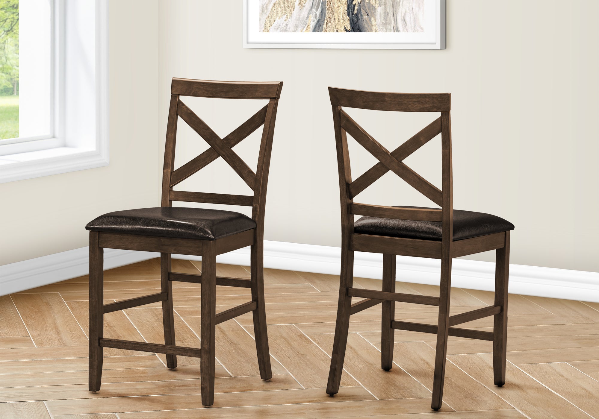 MN-481388    Dining Chair, 44" Height, Set Of 2, Side, Upholstered, Counter Height, Dining Room, Kitchen, Dark Walnut, Brown Leather Look, Transitional