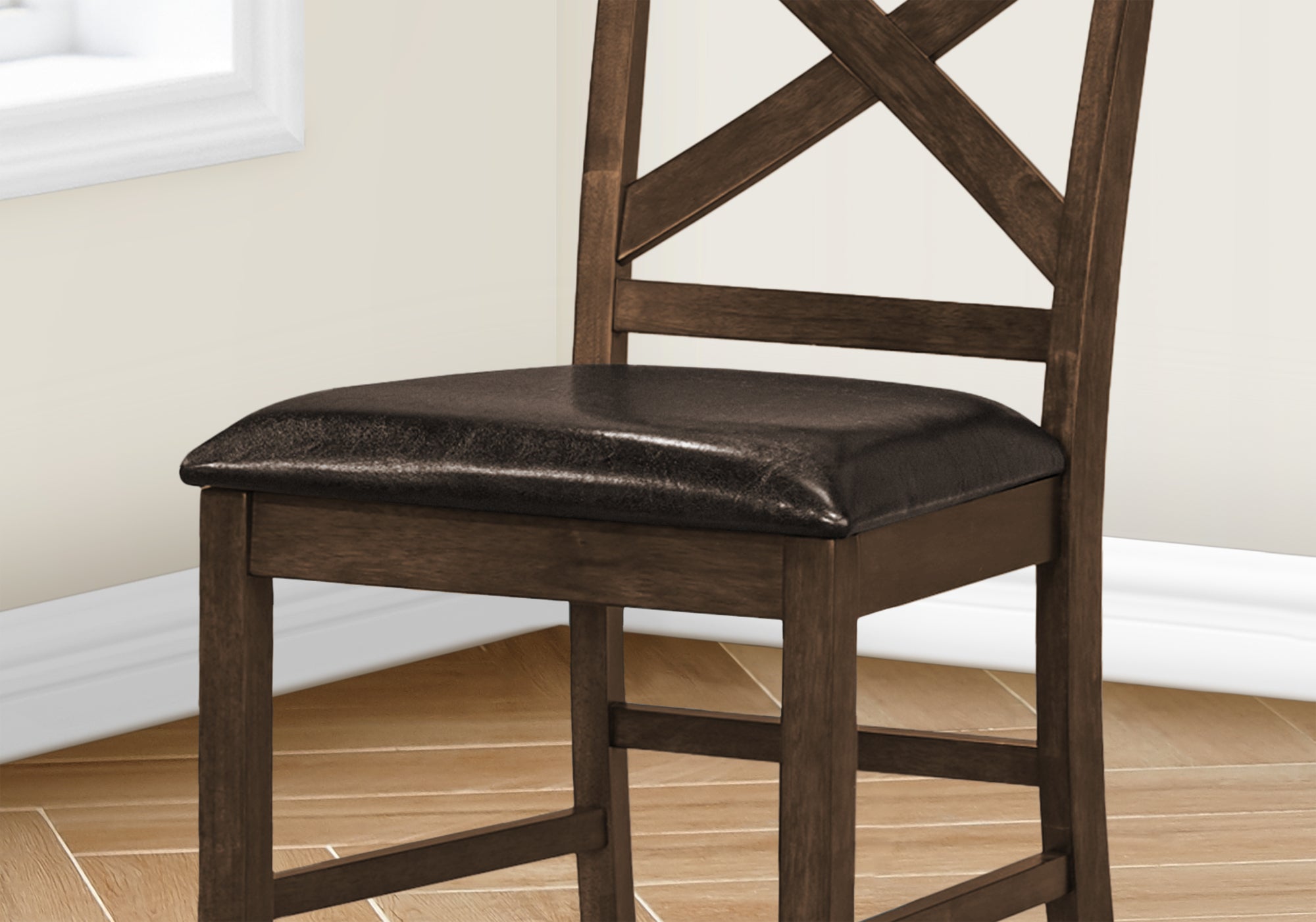 MN-481388    Dining Chair, 44" Height, Set Of 2, Side, Upholstered, Counter Height, Dining Room, Kitchen, Dark Walnut, Brown Leather Look, Transitional