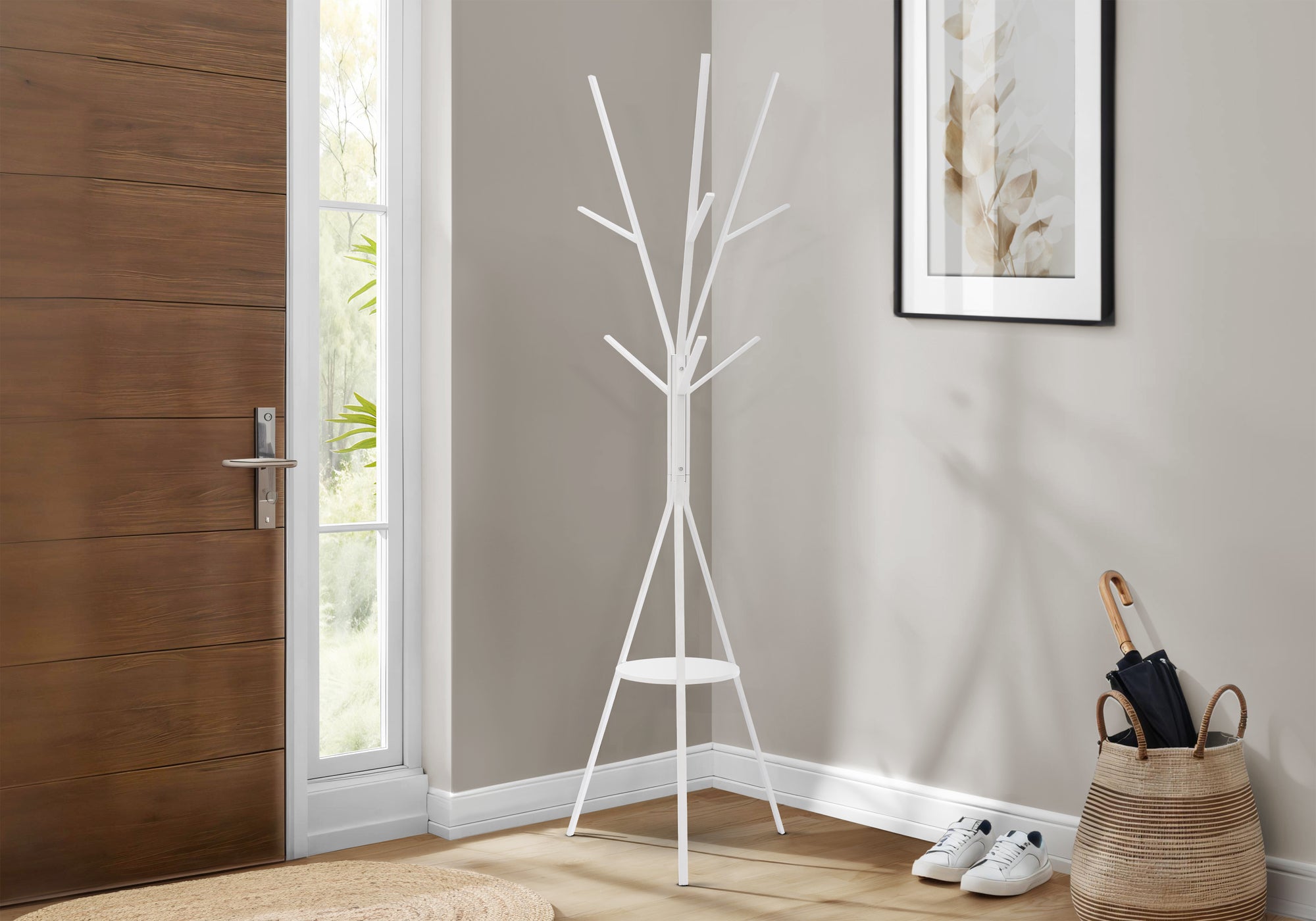 MN-H852009    Coat Rack, 72"h, Bedroom, Entryway, Hall Tree, 6 Hooks, White Metal, Contemporary, Modern