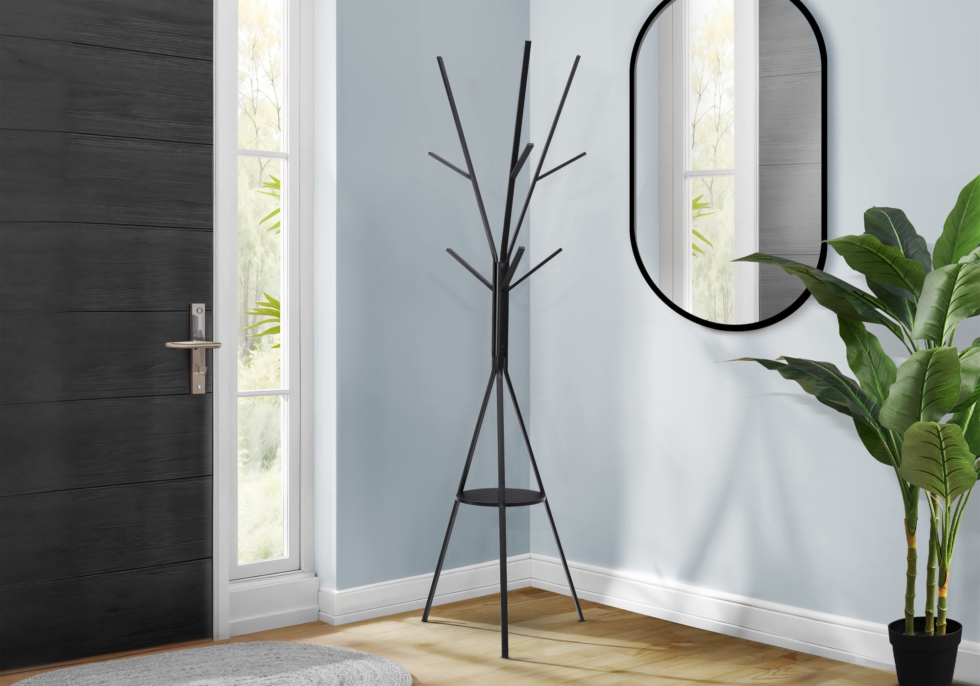 MN-H852010    Coat Rack, 72"h, Bedroom, Entryway, Hall Tree, 6 Hooks, Black Metal, Contemporary, Modern