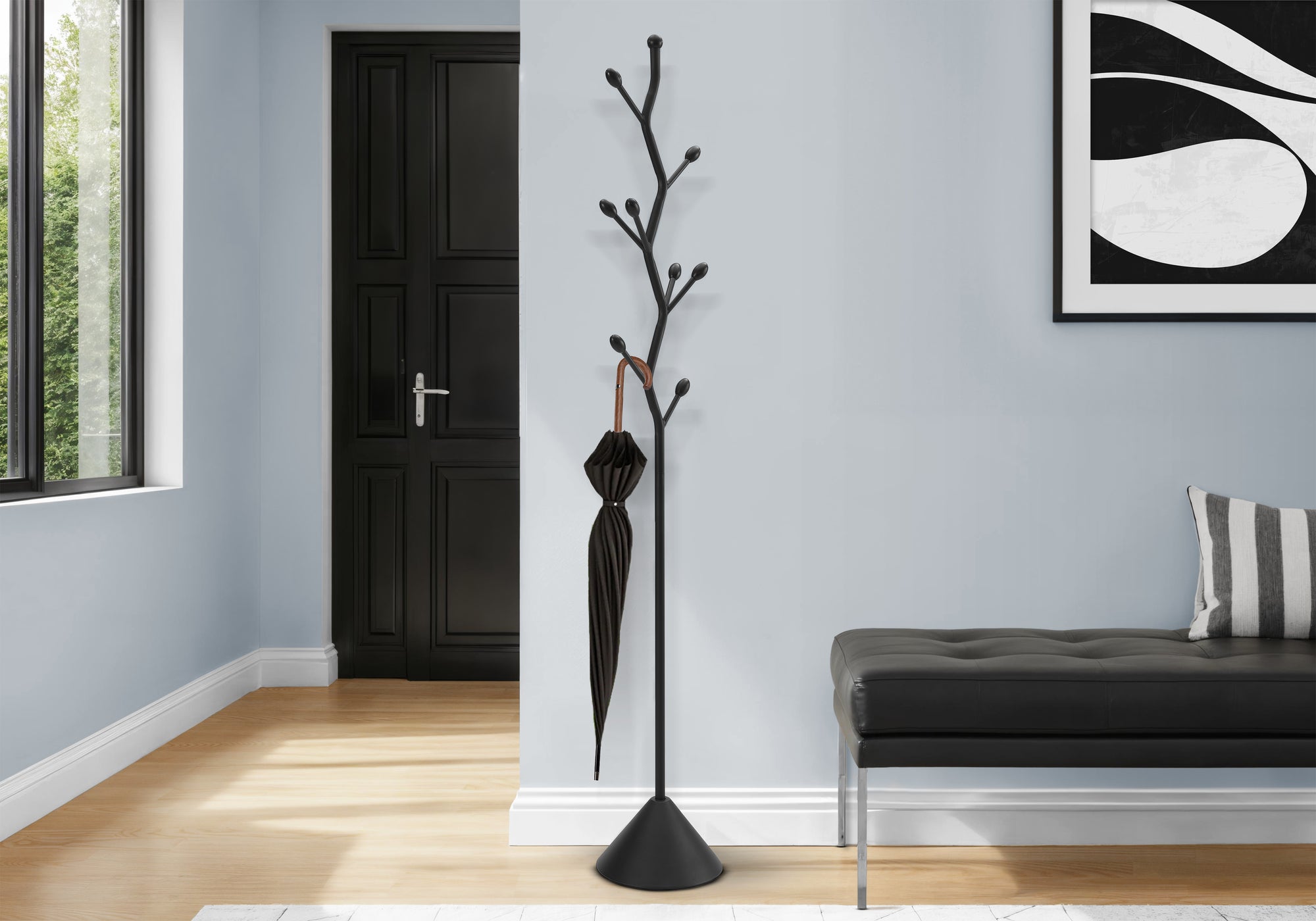 MN-902020    Coat Rack, Hall Tree, 8 Hooks, Entryway, 72"h, Bedroom, Black Metal, Contemporary