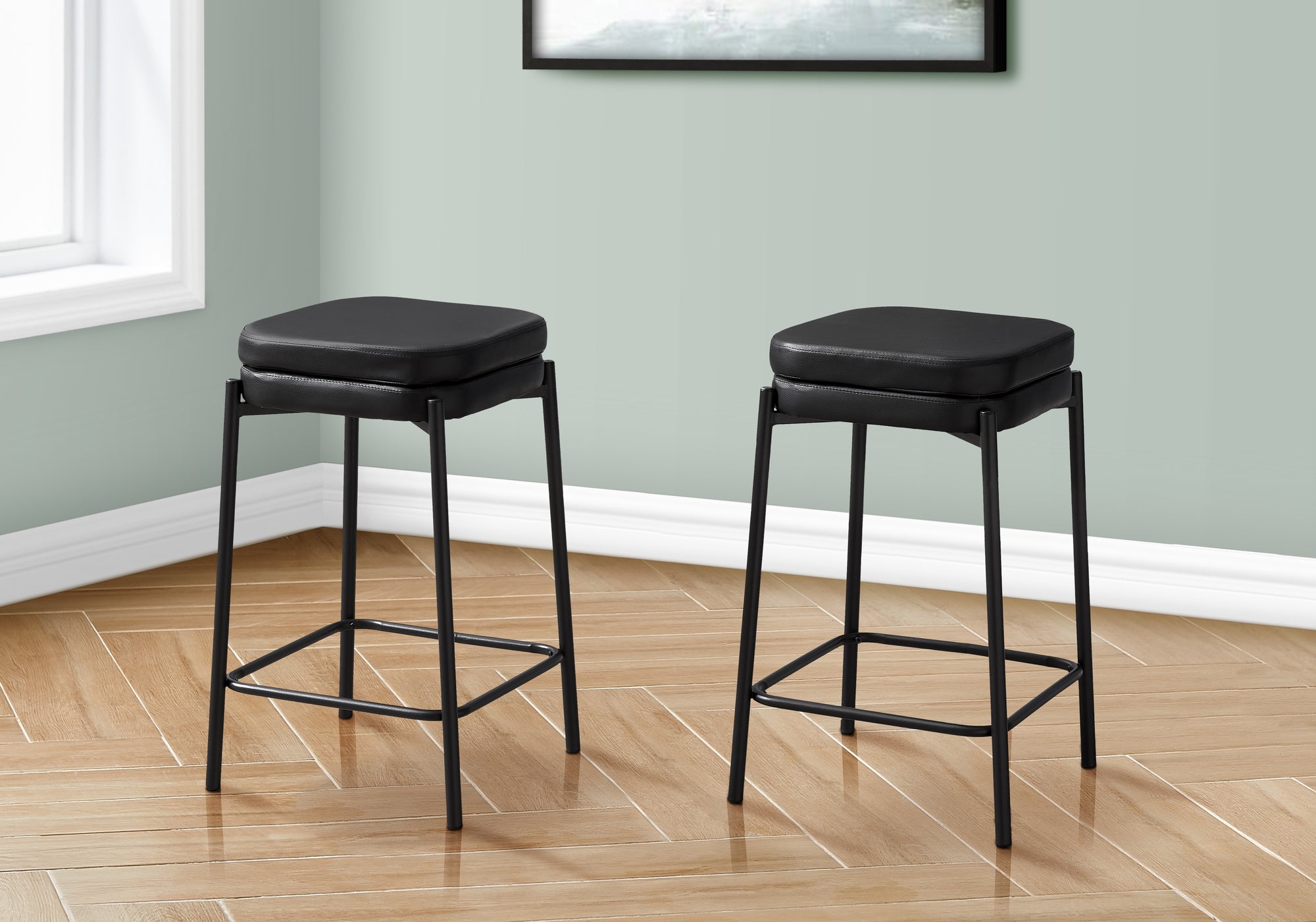 MN-F612225    Barstool, Counter Height, Set Of 2, Kitchen, Black Leather Look, Black Metal, Contemporary, Modern