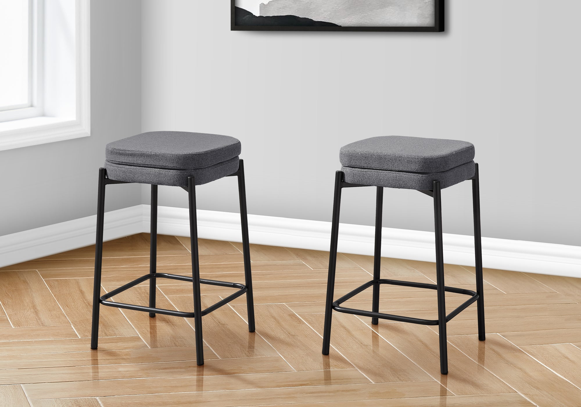 MN-F612226    Barstool, Counter Height, Set Of 2, Kitchen, Grey Fabric, Black Metal, Contemporary, Modern