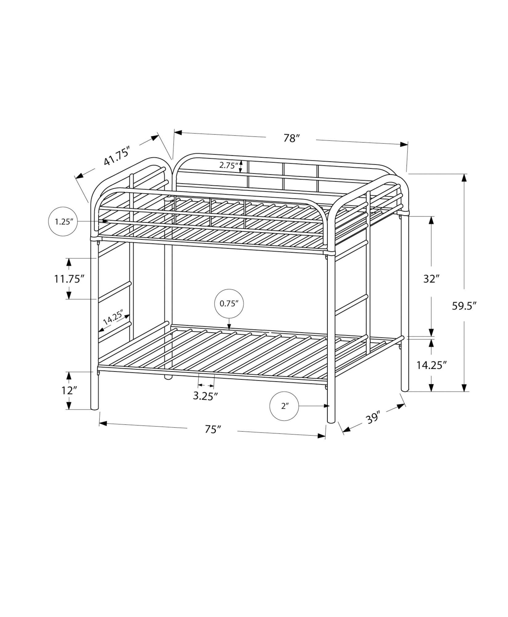 MN-U542230S    Bunk Bed, Kids Bunk Bed, Youth, Twin Over Twin, Silver Metal, Contemporary, Modern