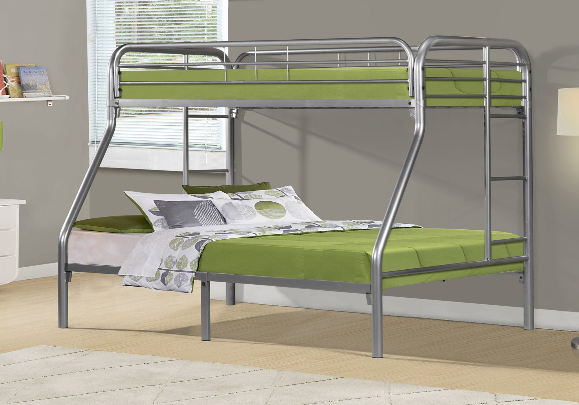 MN-552231S    Bunk Bed, Twin Over Full, Kids Bunk Bed, Youth, Silver Metal, Contemporary, Modern