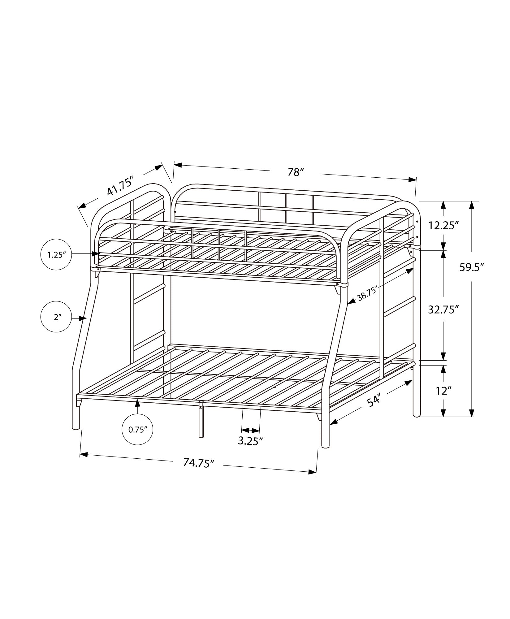 MN-552231S    Bunk Bed, Twin Over Full, Kids Bunk Bed, Youth, Silver Metal, Contemporary, Modern