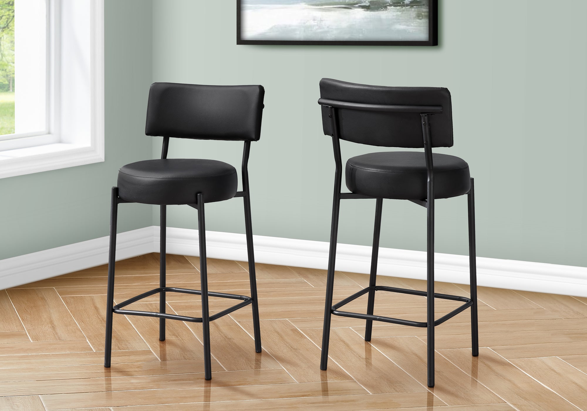 MN-V562245    Barstool, Counter Height, Set Of 2, Kitchen, Black Leather Look, Black Metal, Contemporary, Modern