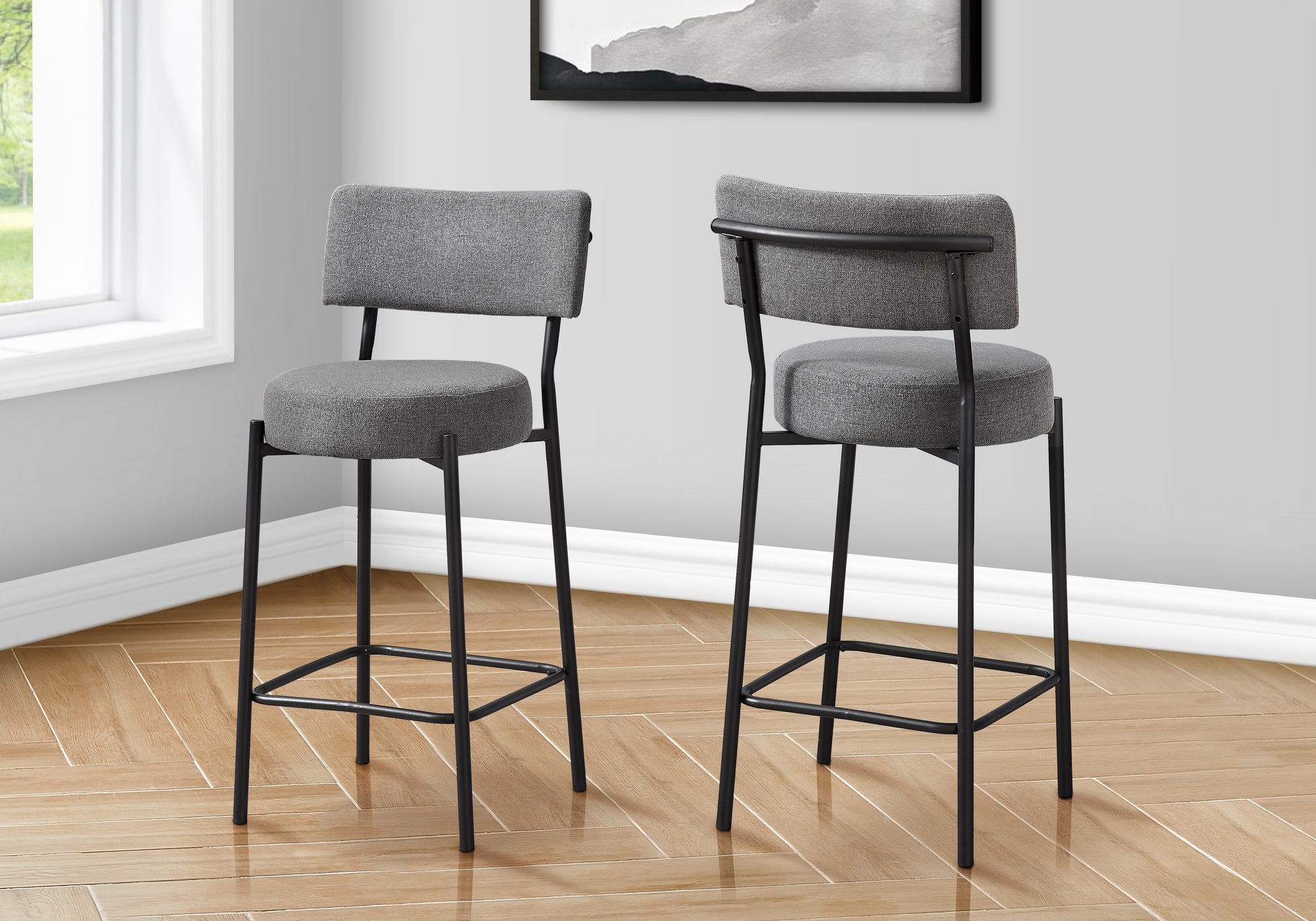 MN-V562246    Barstool, Counter Height, Set Of 2, Kitchen, Grey Fabric, Black Metal, Contemporary, Modern