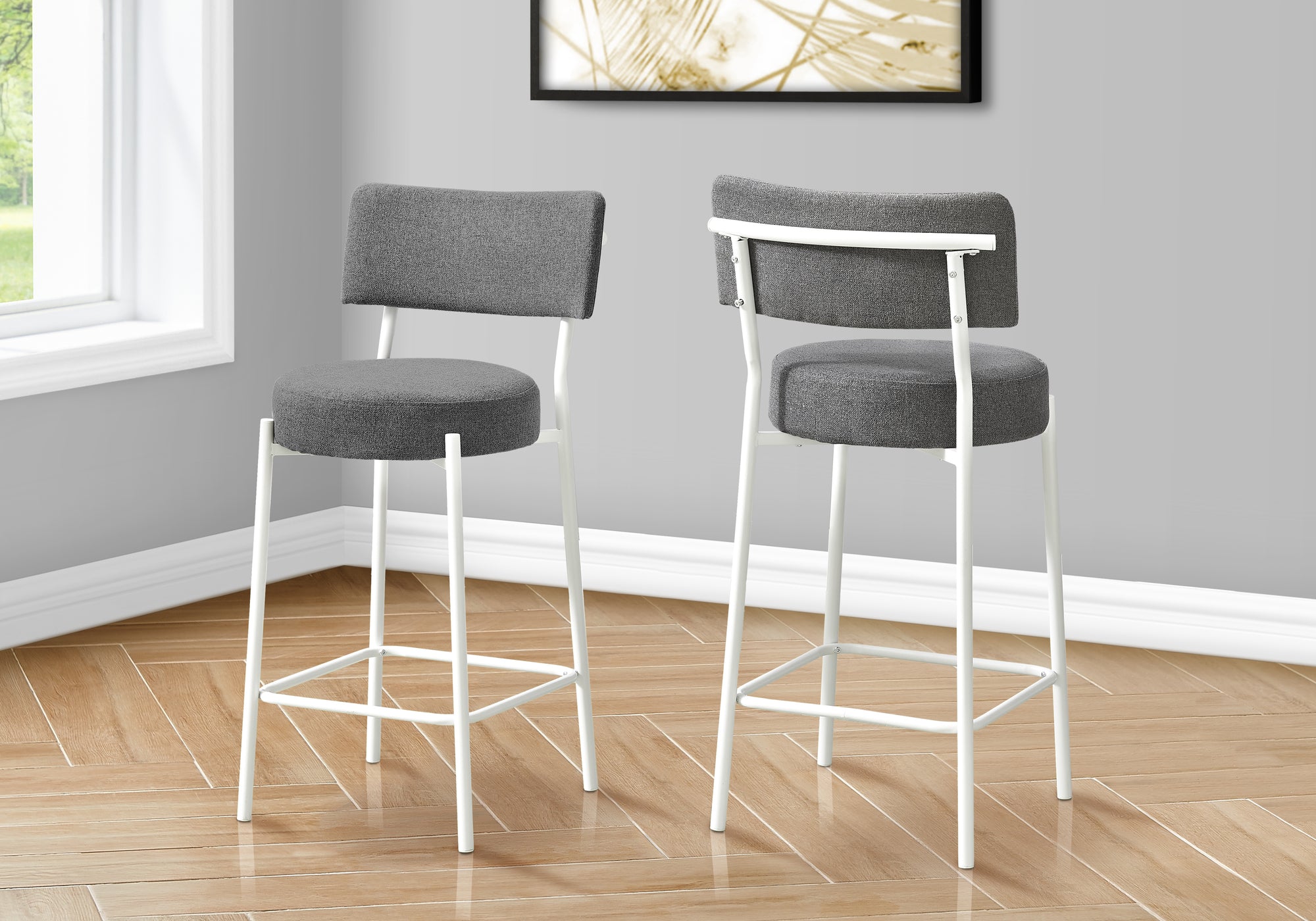 MN-V562247    Barstool, Counter Height, Set Of 2, Kitchen, Grey Fabric, White Metal, Contemporary, Modern