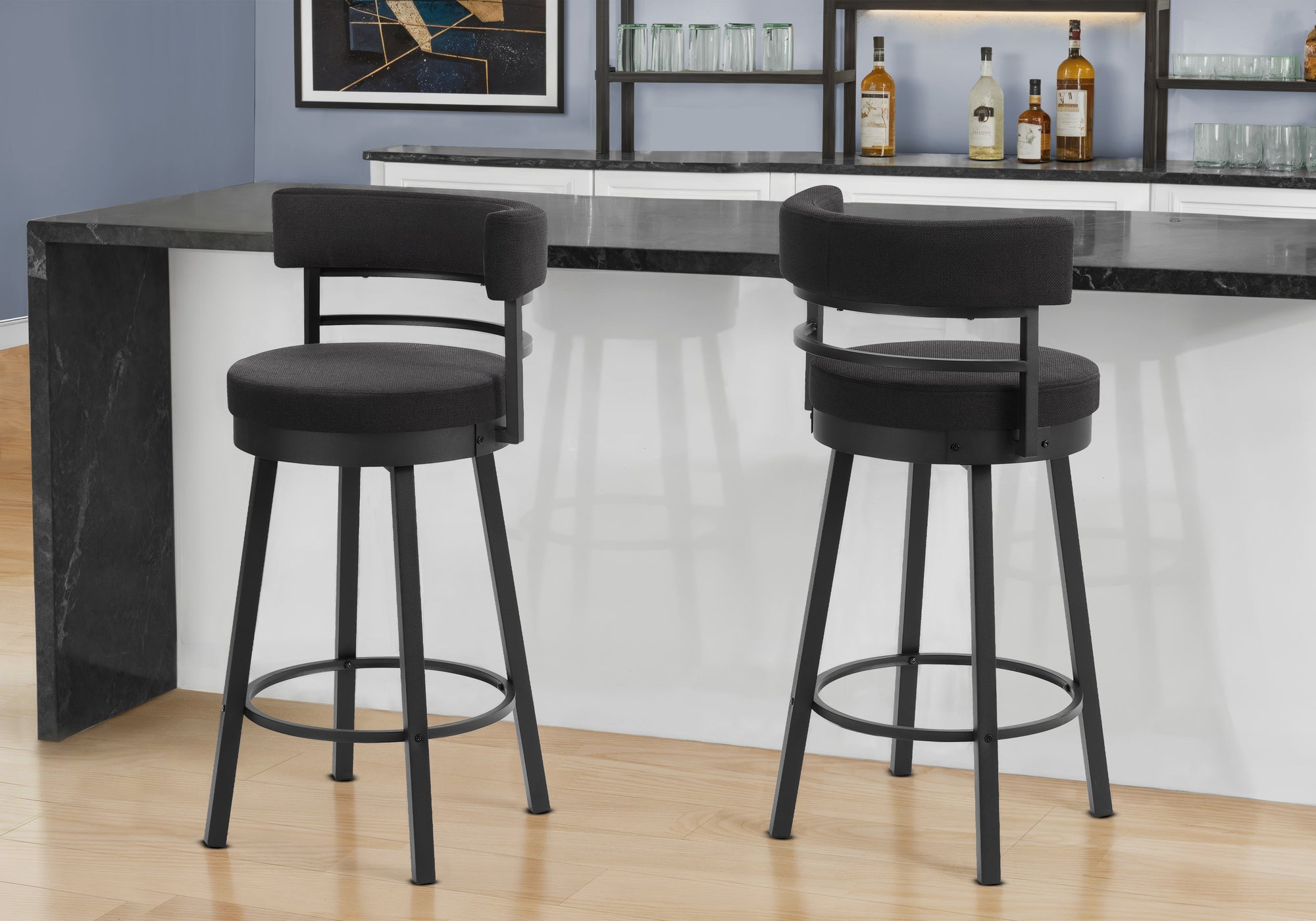 MN-782302    Barstool, 39" Height, Swivel, Bar Height, Set Of 2, Black Fabric, Black Metal, Contemporary, Modern