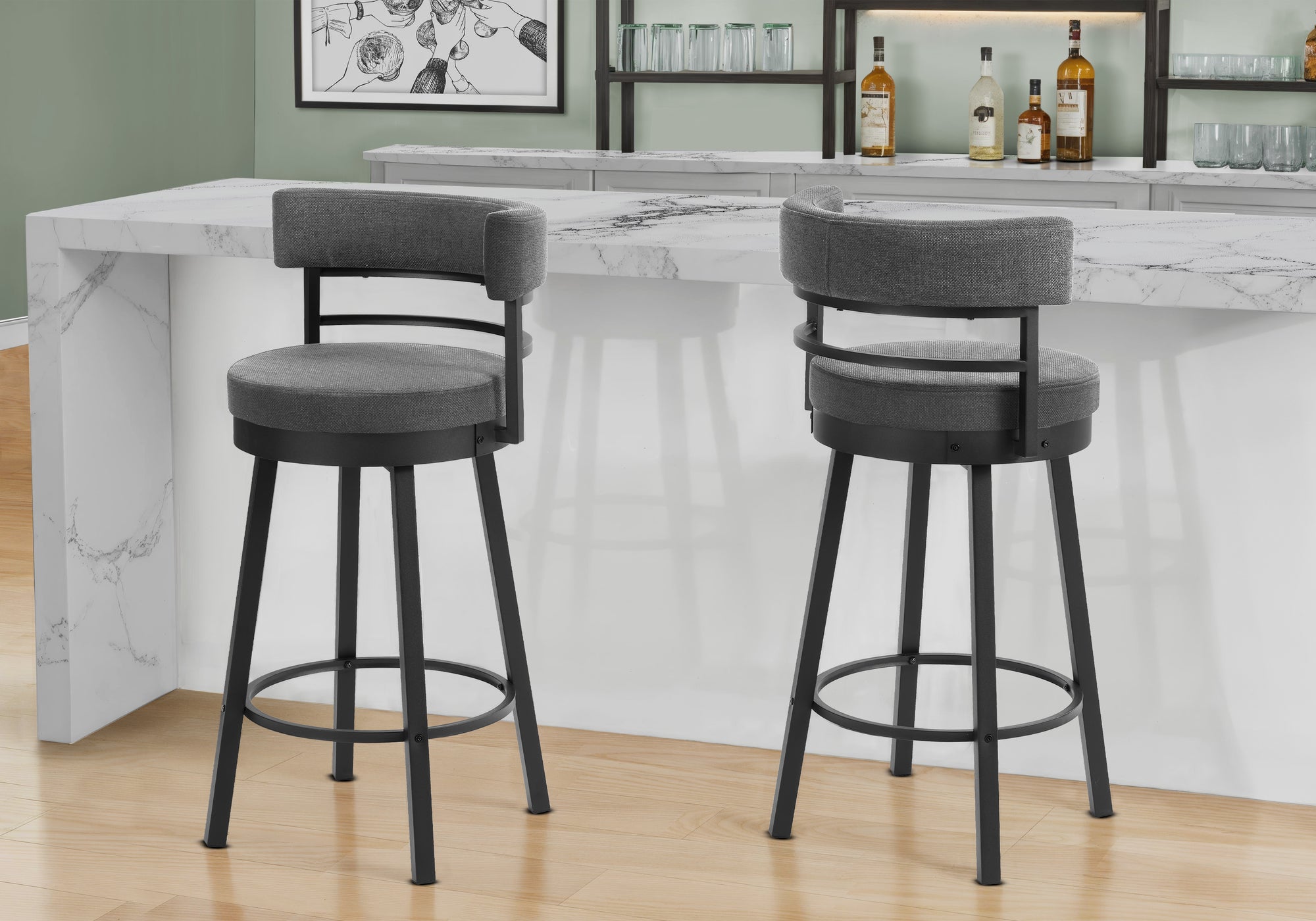 MN-792303    Barstool, 39" Height, Swivel, Bar Height, Set Of 2, Grey Fabric, Black Metal, Contemporary, Modern