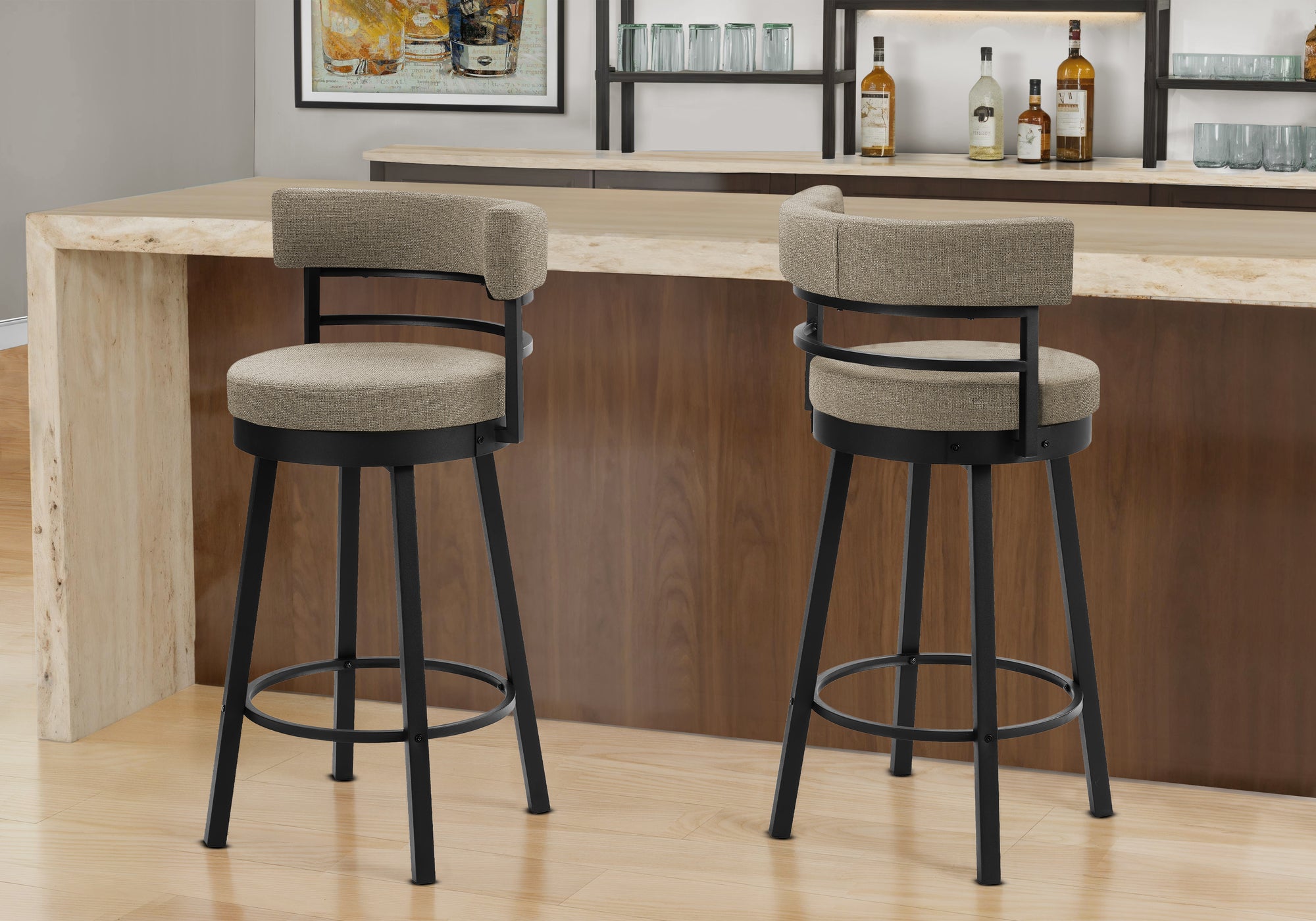 MN-802304    Barstool, 39" Height, Swivel, Bar Height, Set Of 2, Beige Fabric, Black Metal, Contemporary