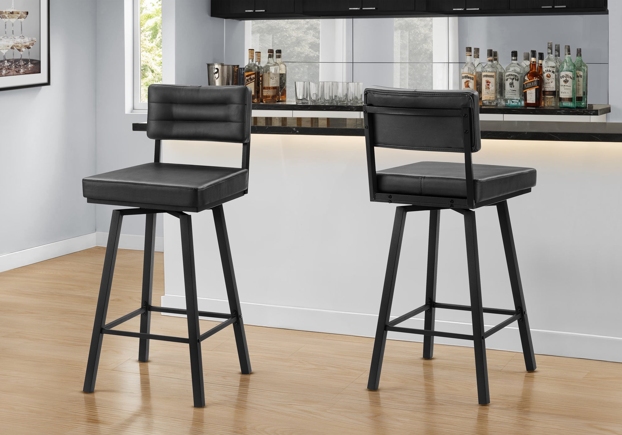 MN-822311    Barstool, 40" Height, Bar Height, Swivel, Set Of 2, Black Leather Look, Black Metal, Contemporary, Modern