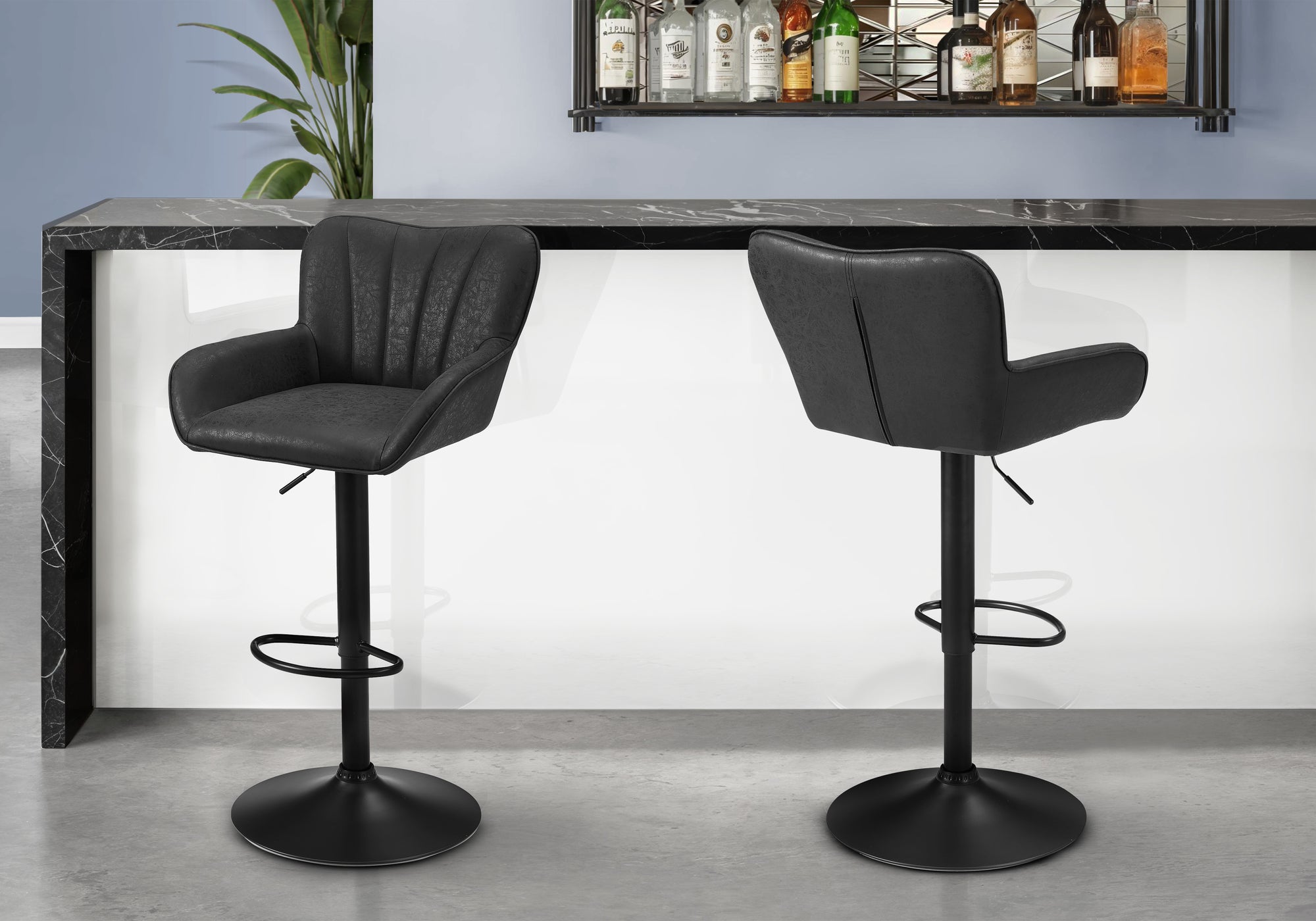 MN-S812328    Barstool, Set Of 2, Swivel, Adjustable, Bar Height, Counter Height, Kitchen, Black Leather Look, Black Metal, Contemporary, Modern