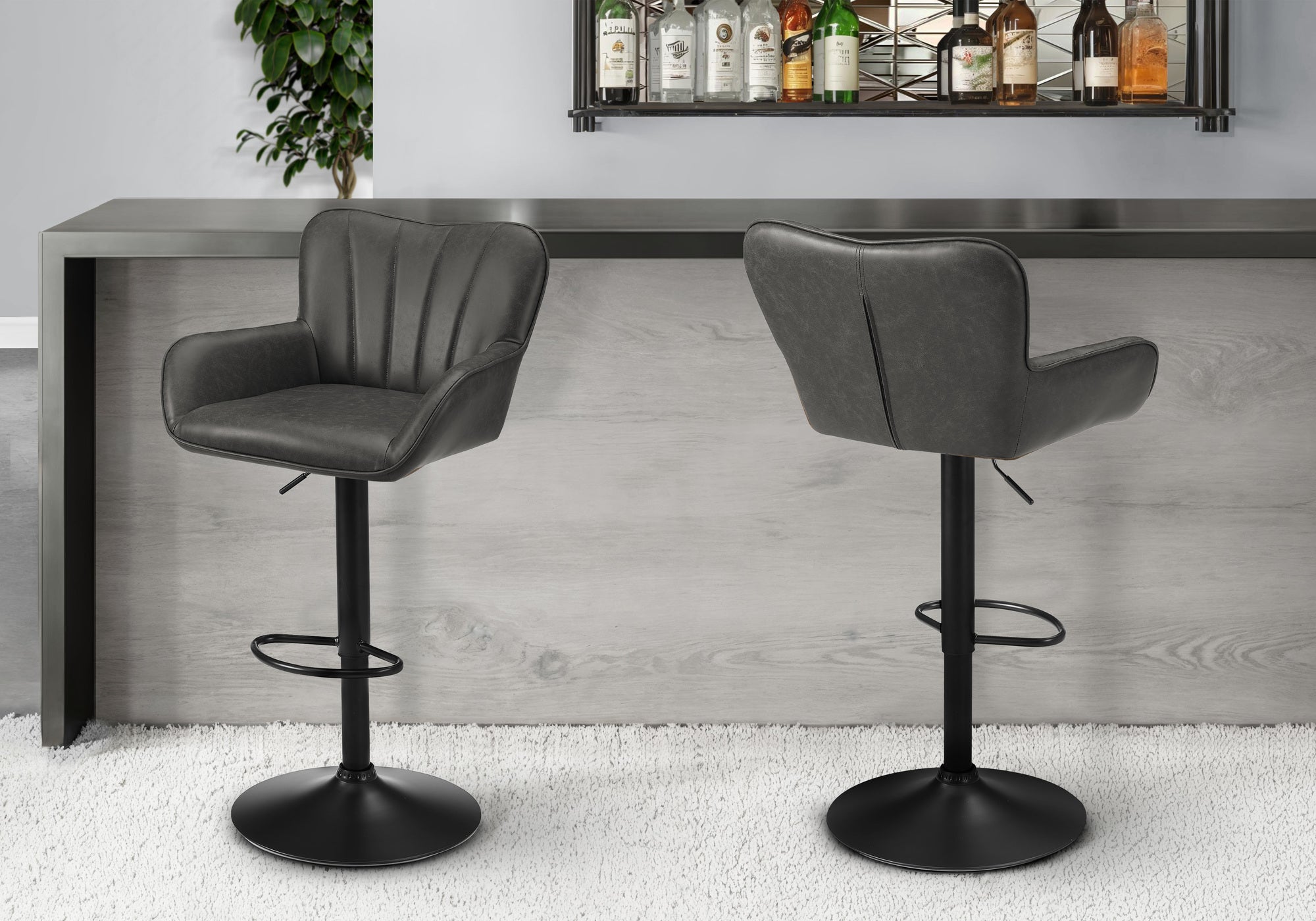MN-S812330    Barstool, Set Of 2, Swivel, Adjustable, Bar Height, Counter Height, Kitchen, Grey Leather Look, Black Metal, Contemporary, Modern