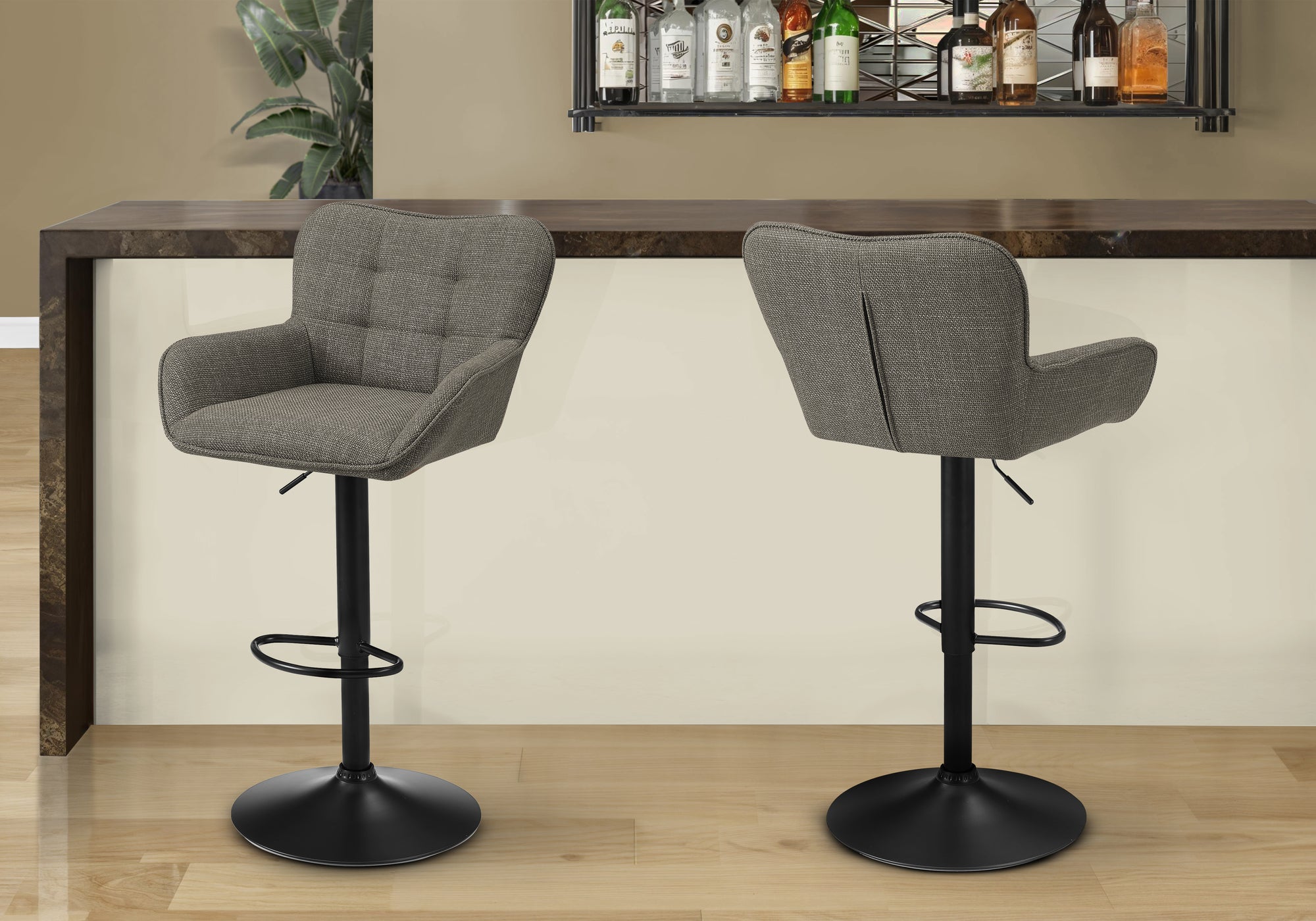 MN-822331    Barstool, Set Of 2, Adjustable, Swivel, Bar Height, Counter Height, Kitchen, Taupe Fabric, Black Metal, Contemporary, Modern