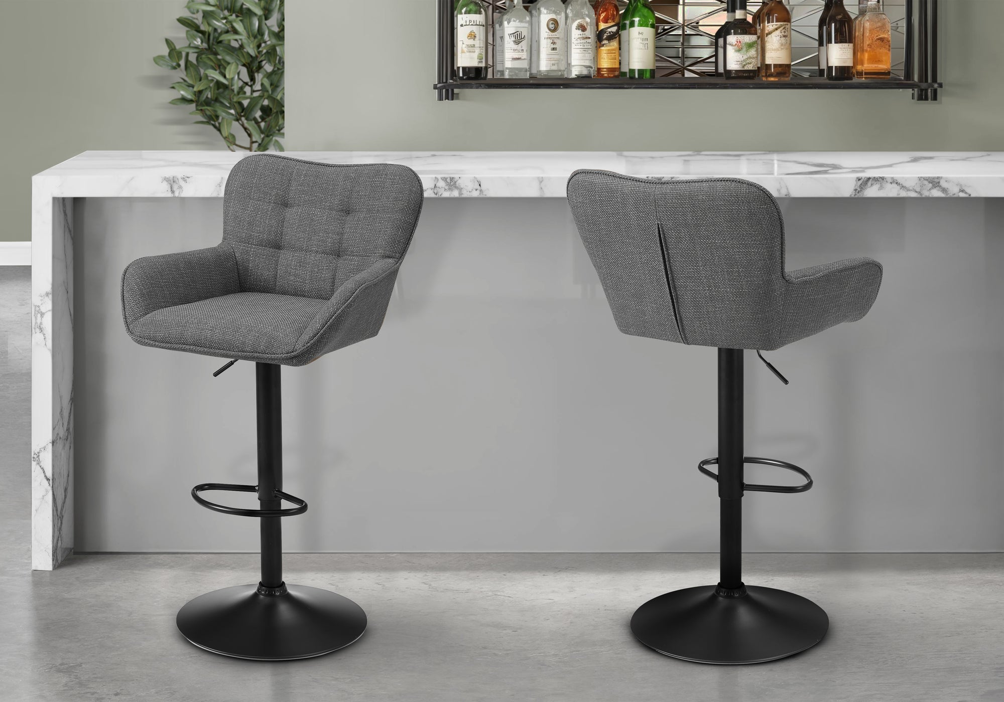 MN-R842333    Barstool, Set Of 2, Adjustable, Swivel, Bar Height, Counter Height, Kitchen, Grey Fabric, Black Metal, Contemporary, Modern