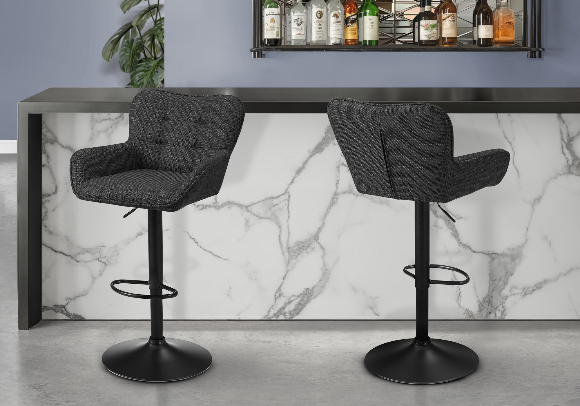 MN-R842334    Barstool, Set Of 2, Adjustable, Swivel, Bar Height, Counter Height, Kitchen, Black Fabric, Black Metal, Contemporary, Modern