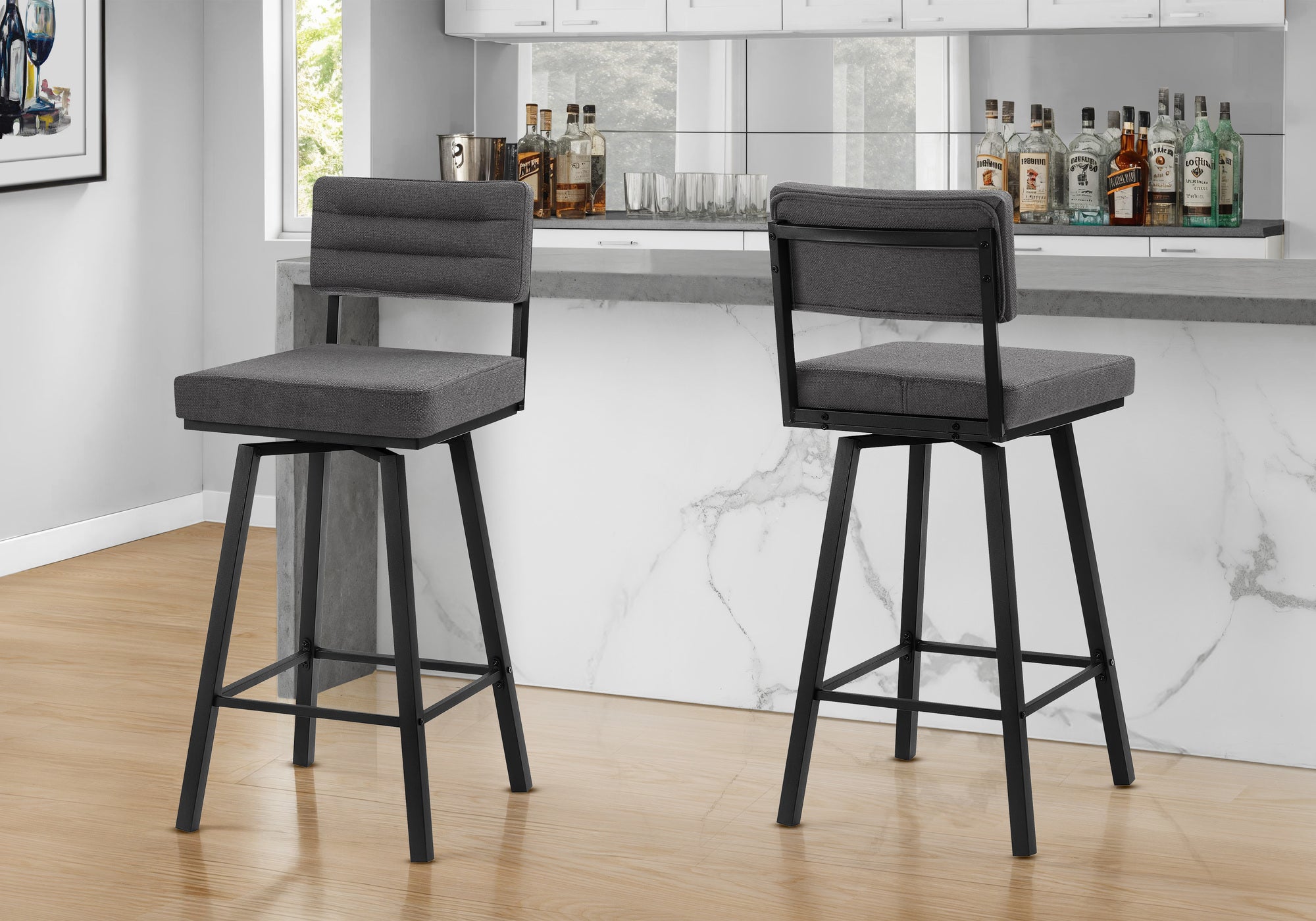 MN-942341    Barstool, 40" Height, Bar Height, Swivel, Set Of 2, Grey Fabric, Black Metal, Contemporary, Modern